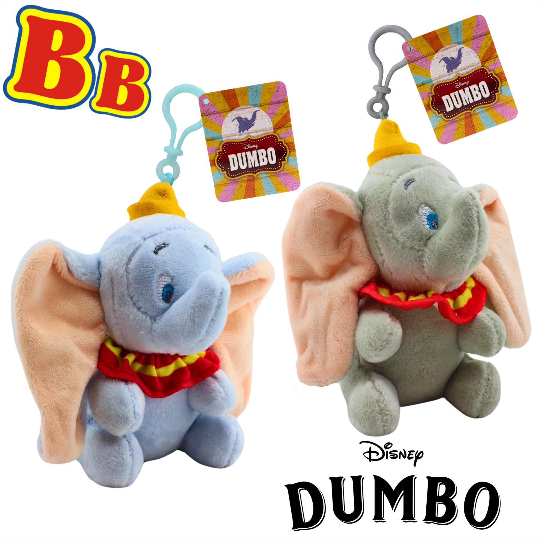 Disney Super Soft Blue and Grey Dumbo 11cm Plush Toy Bag Clips - Twin Pack - Toptoys2u