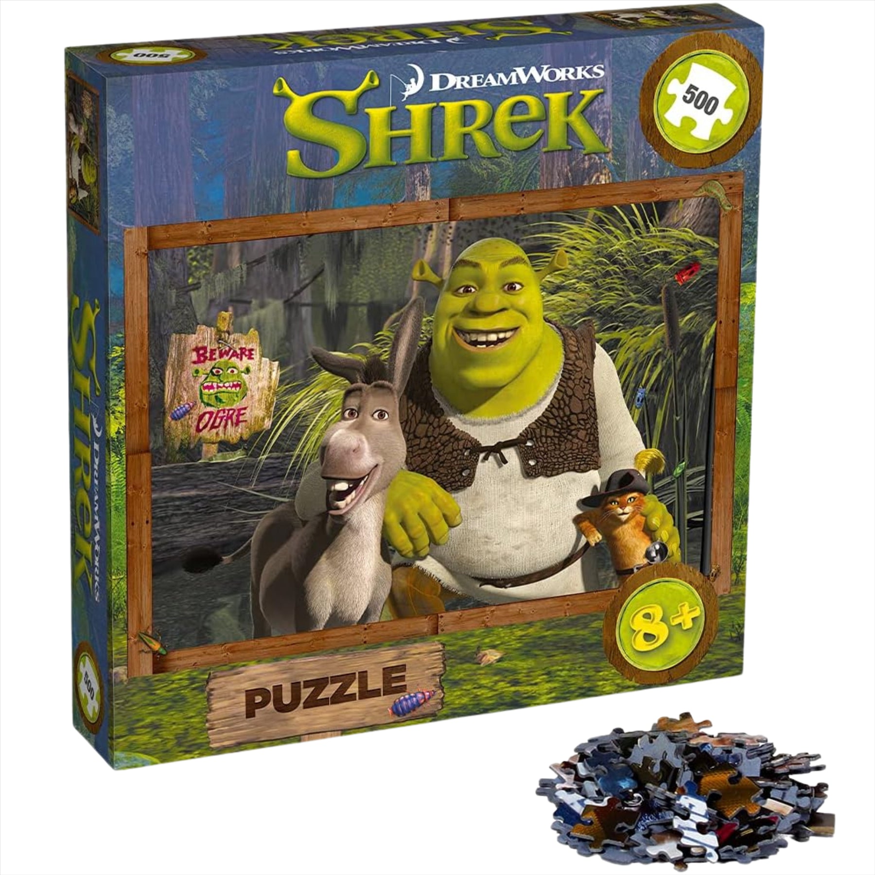 Shrek 500 Piece Jigsaw Puzzle Game Shrek, Donkey & Puss in Boots Out At The Swamps - Toptoys2u