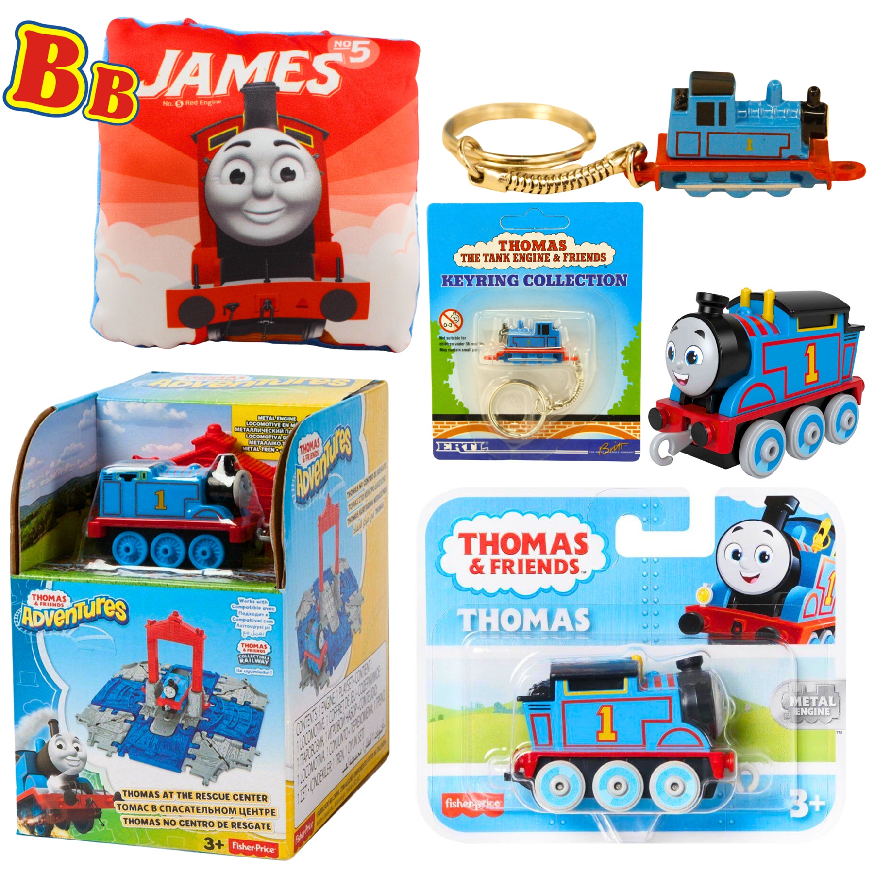 Thomas and Friends Rescue Center Playset, Diecast Thomas Keyring, Thomas Diecast Metal Engine Figure, and James 12cm Pillow - Toptoys2u