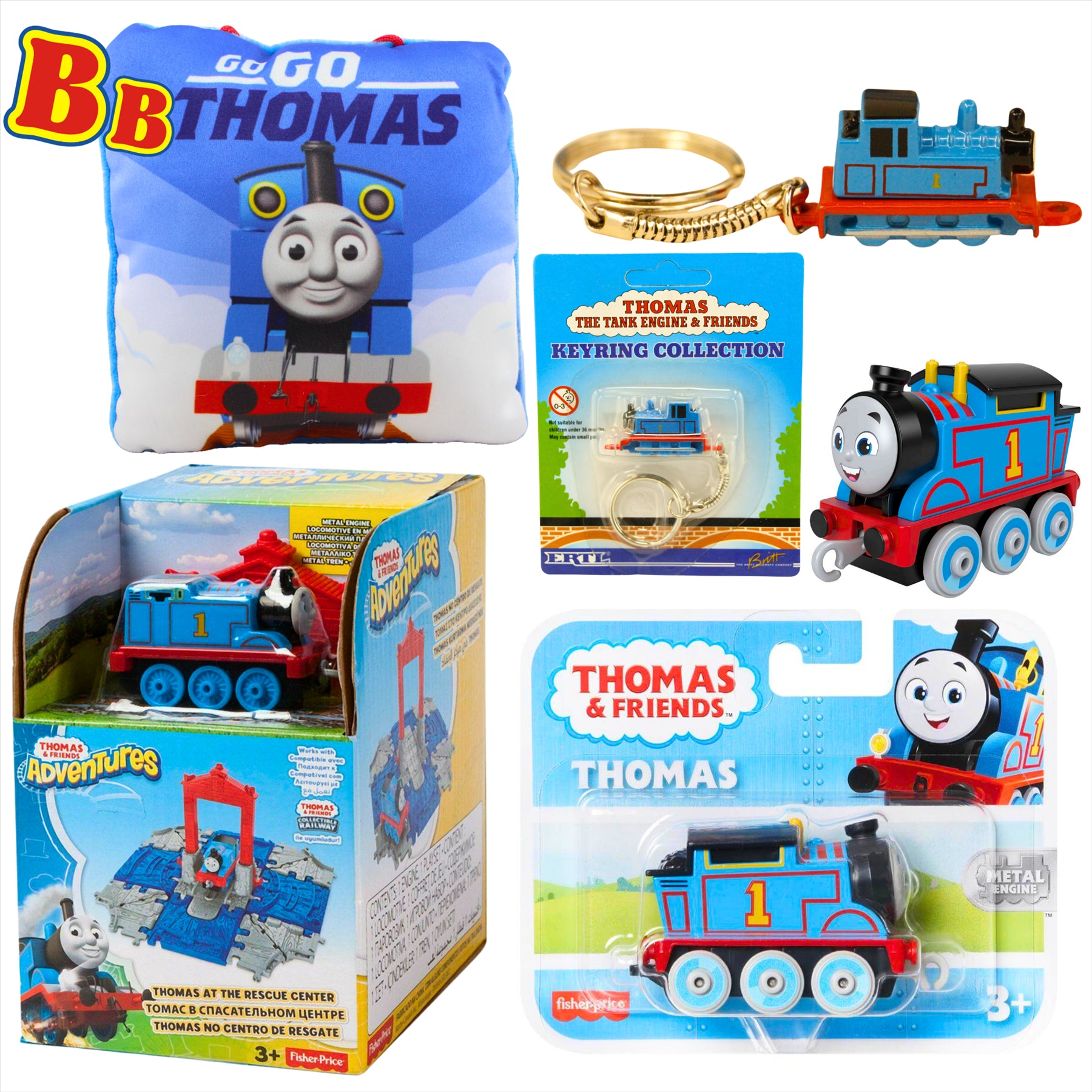 Thomas and Friends Rescue Center Playset, Diecast Thomas Keyring, Thomas Diecast Metal Engine Figure, and Thomas 12cm Pillow - Toptoys2u