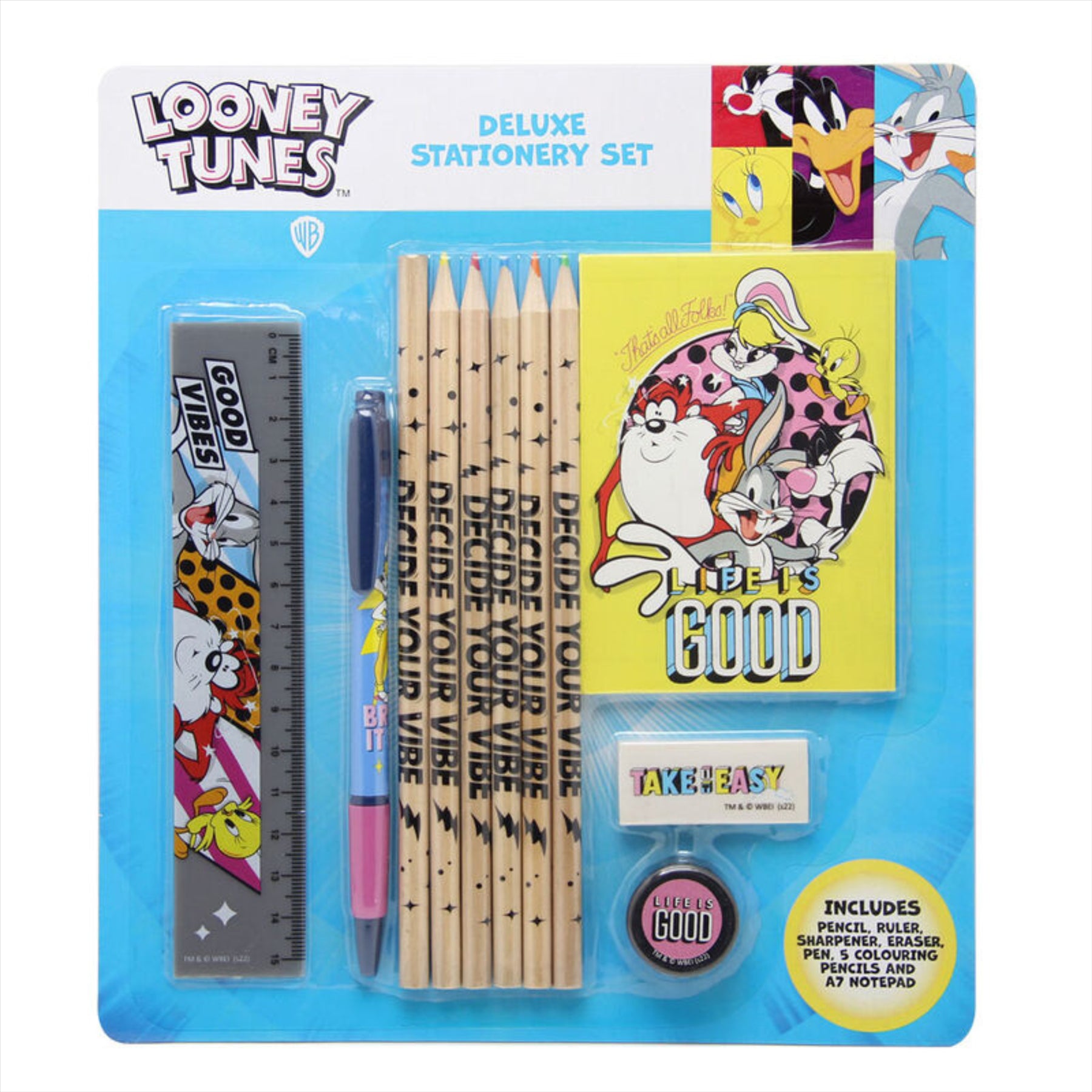 Looney Tunes Deluxe School Stationery Set - Includes Pens, Colouring Pencils, Ruler, and Eraser - Toptoys2u