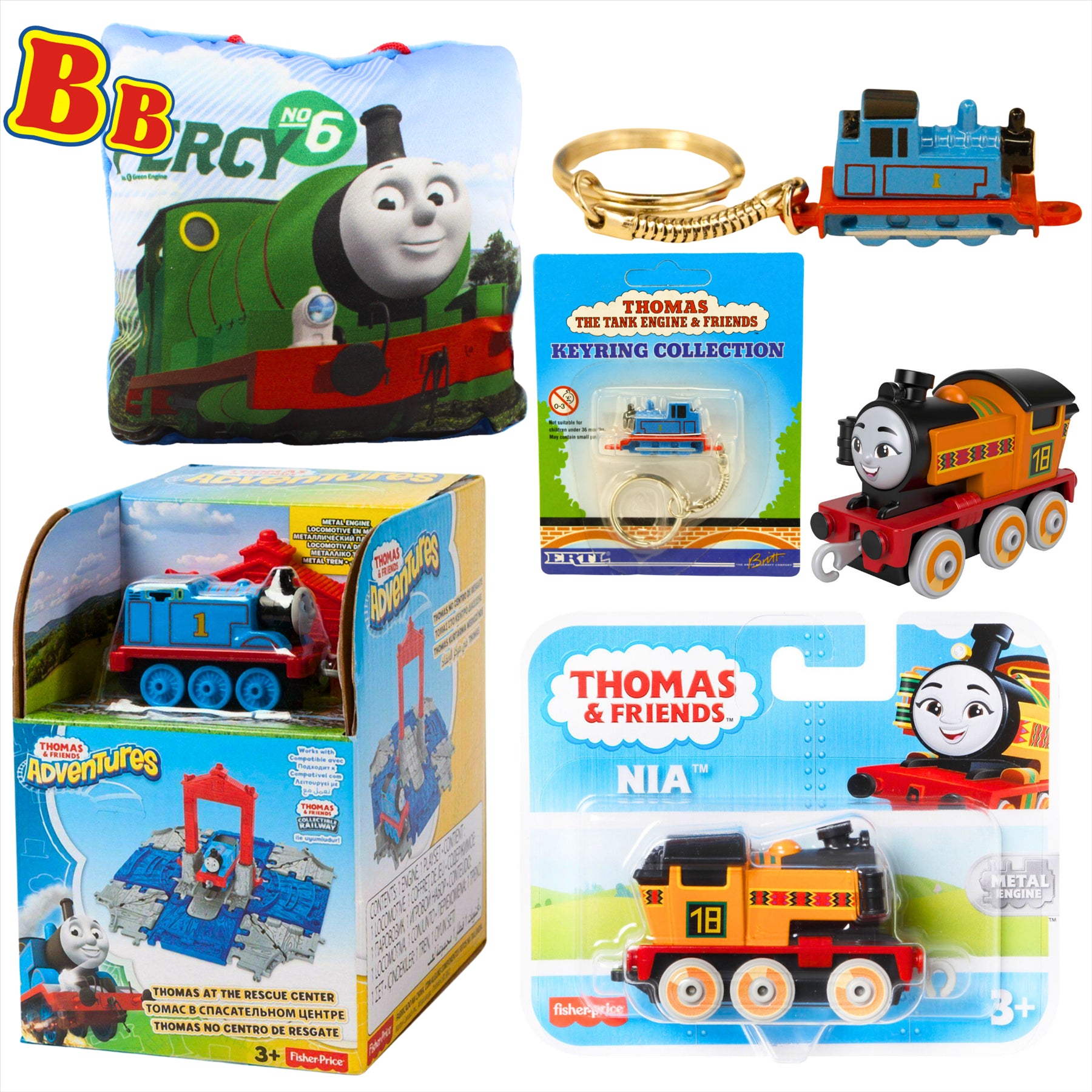 Thomas and Friends Rescue Center Playset, Diecast Thomas Keyring, Nia Diecast Metal Engine Figure, and Percy 12cm Pillow - Toptoys2u