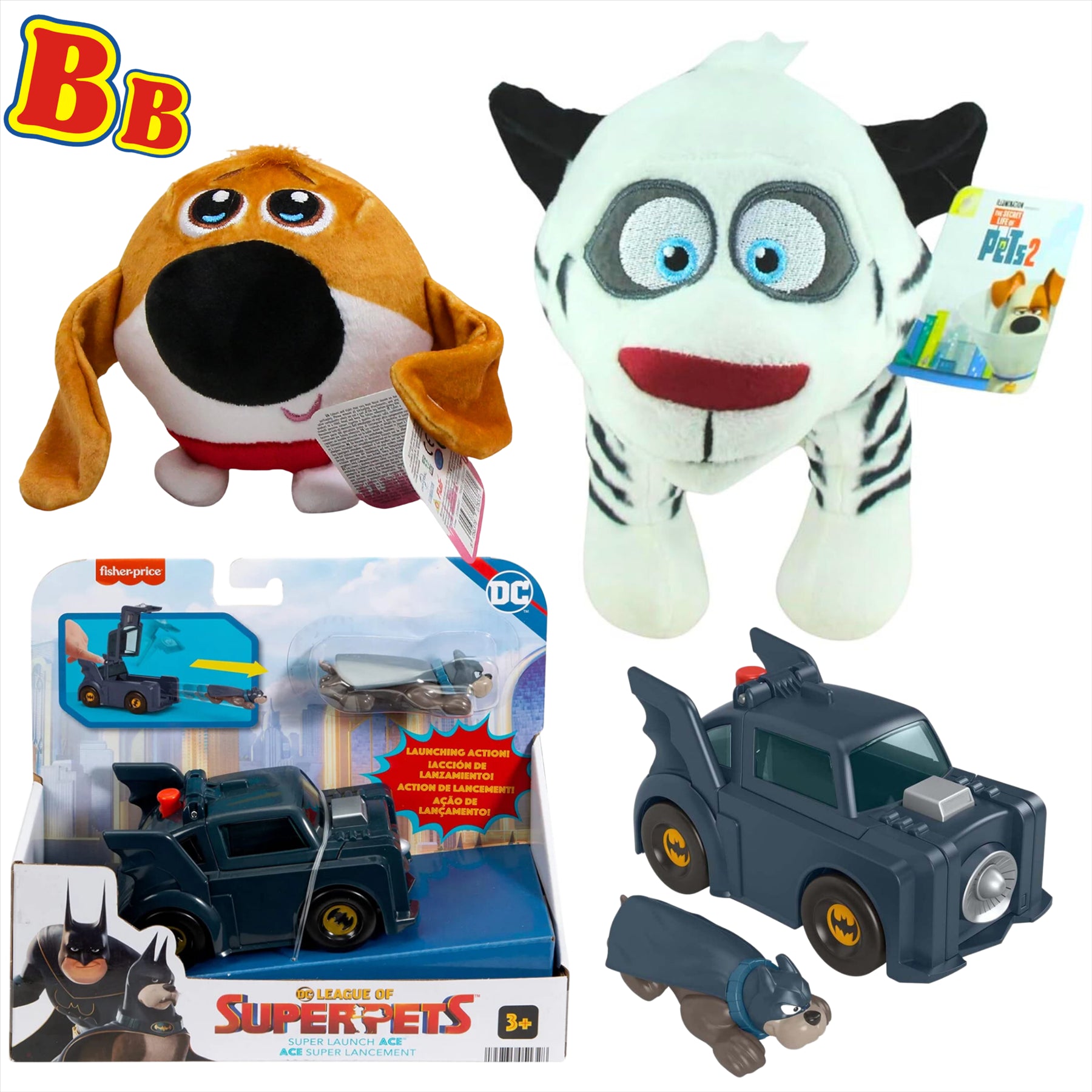 Secret Life of Pets Hu 25cm Plush, Tiny 15cm Slo Foam Plush, and DC League of Super Pets Super Launch Ace Playset - 3-Piece Bundle - Toptoys2u