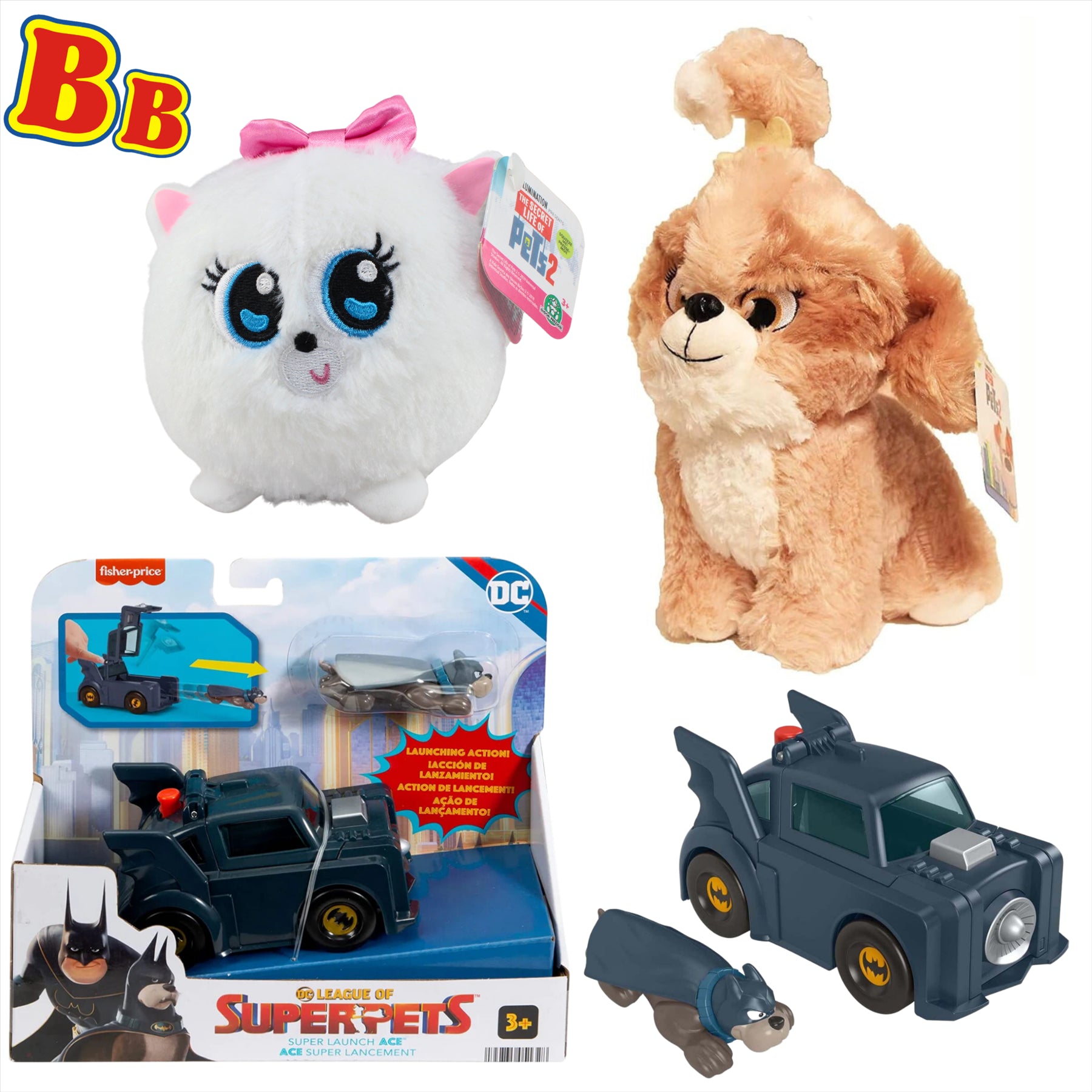 Secret Life of Pets Daisy 25cm Plush, Gidget 15cm Slo Foam Plush, and DC League of Super Pets Super Launch Ace Playset - 3-Piece Bundle - Toptoys2u