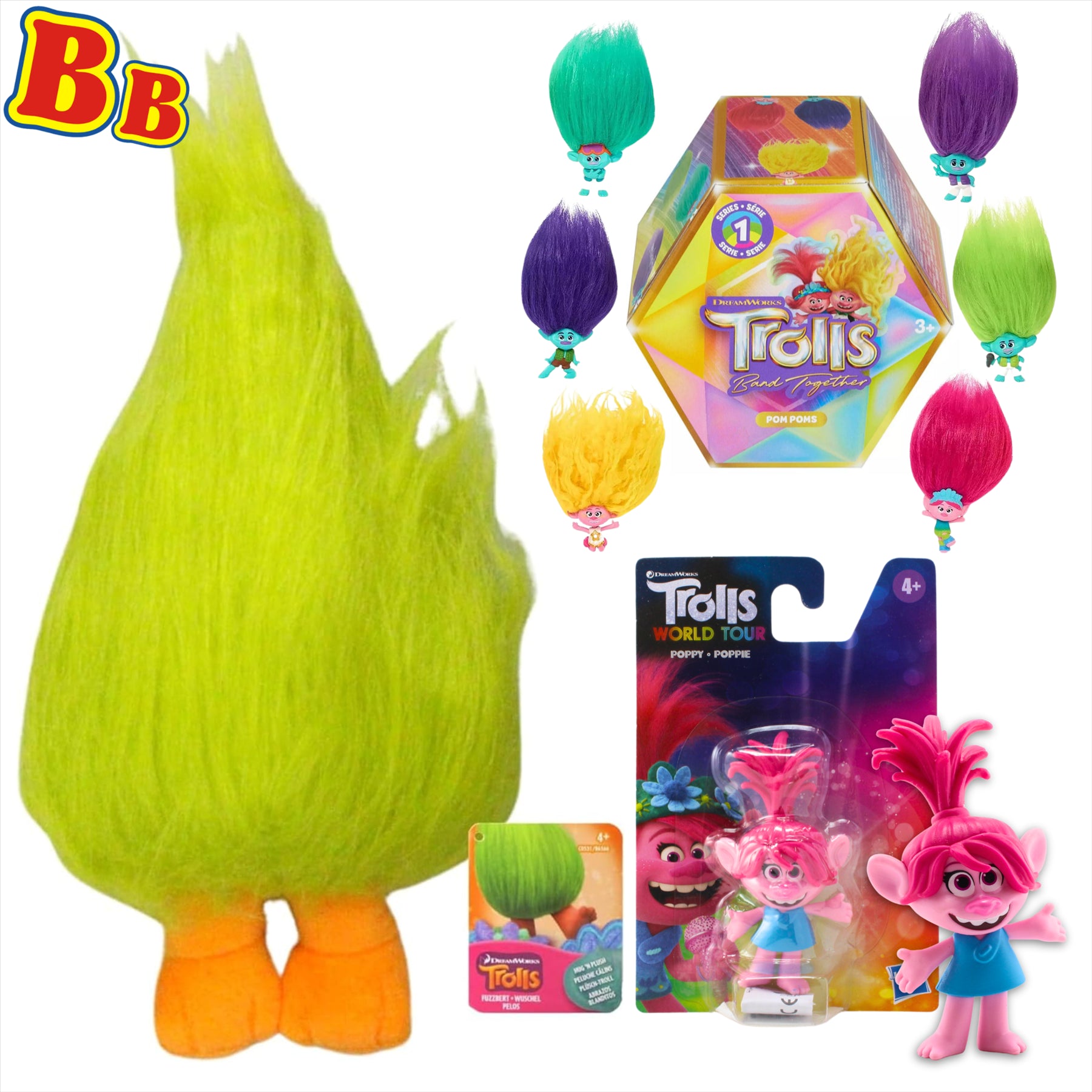 Trolls World Tour Super Soft Fuzzbert 28cm Plush Toy with Poppy 9cm Figure and Series 1 Keyclip Figure Blind Box - Toptoys2u