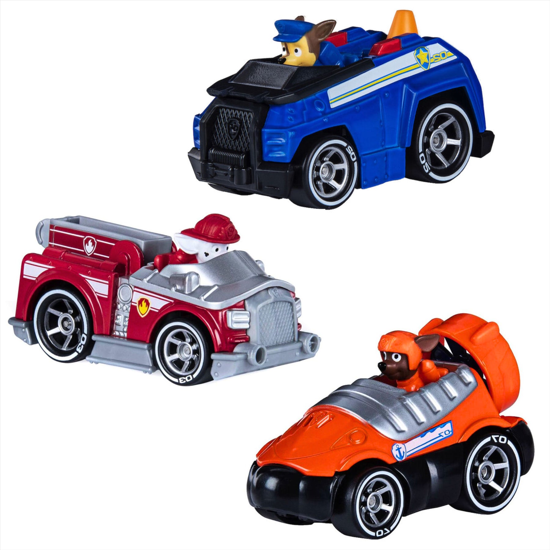 Paw Patrol Chase, Marshall, and Zuma True Metal Collectible Diecast Toy Vehicles - Pack of 3 - Toptoys2u