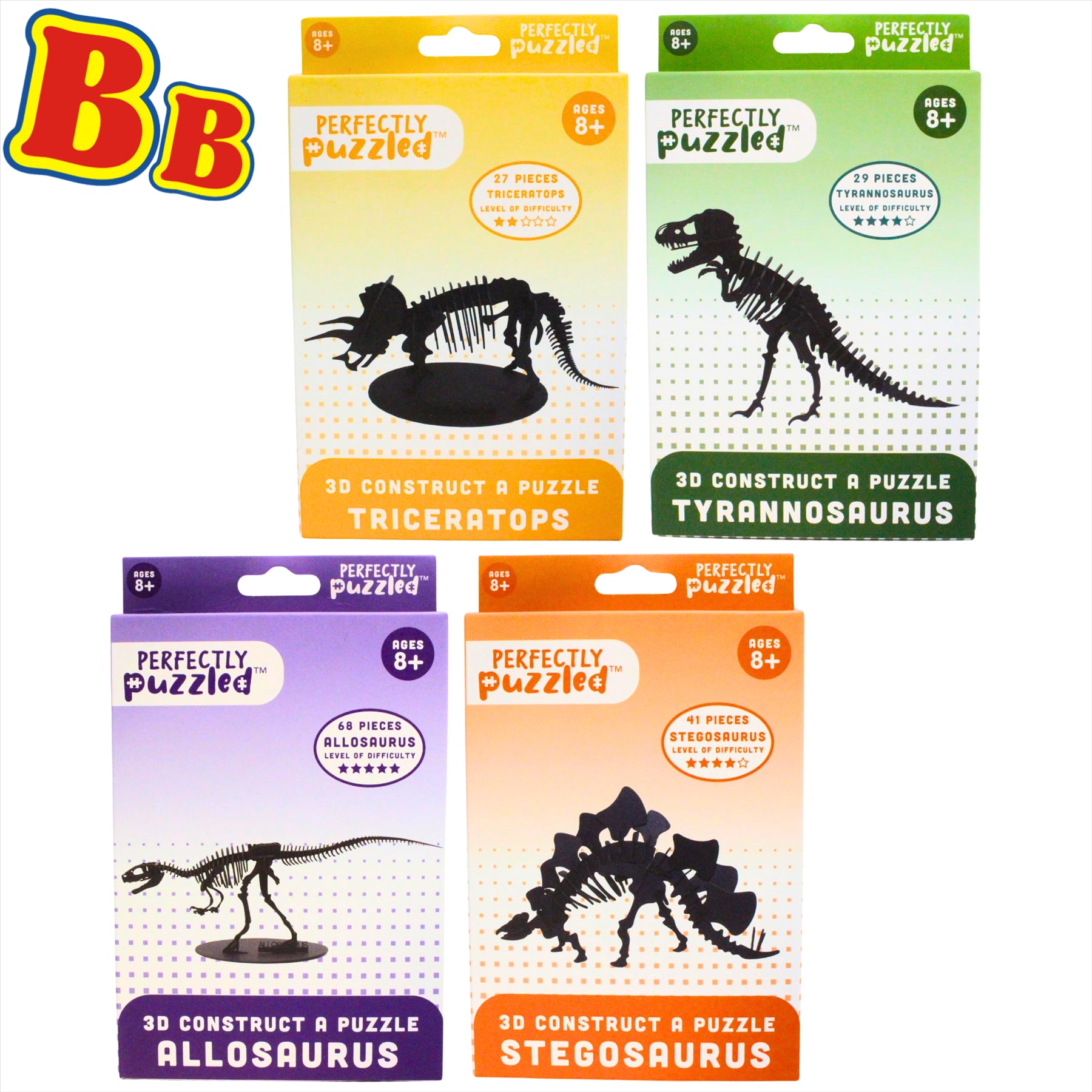Dinosaur Buildable 3D Puzzles Tyrannosaurus, Stegosaurus, Allosaurus, and Triceratops - Pack of All 4