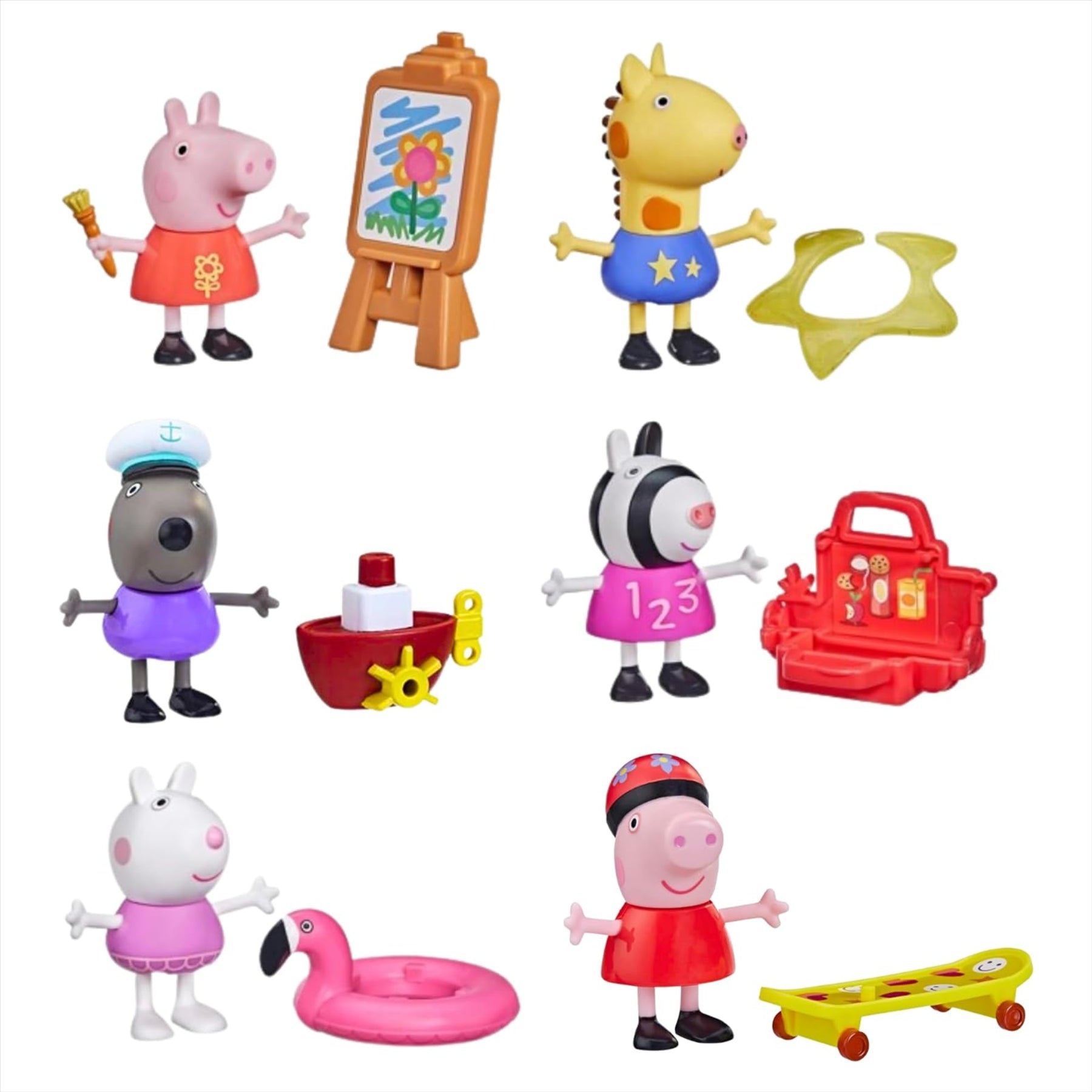 Peppa Pig - 3" 8cm Articulated Figure & Accessory Sets - Set of All 6 Characters - Toptoys2u