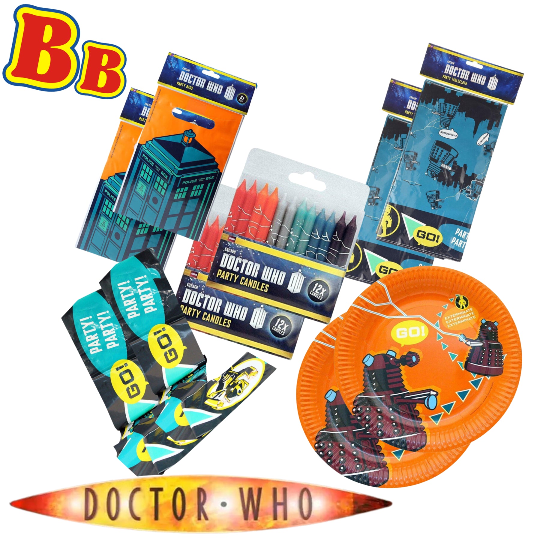 Official Doctor Who 10 Piece Party Bundle Set, Plates, Candles, Party Bags and More - Toptoys2u