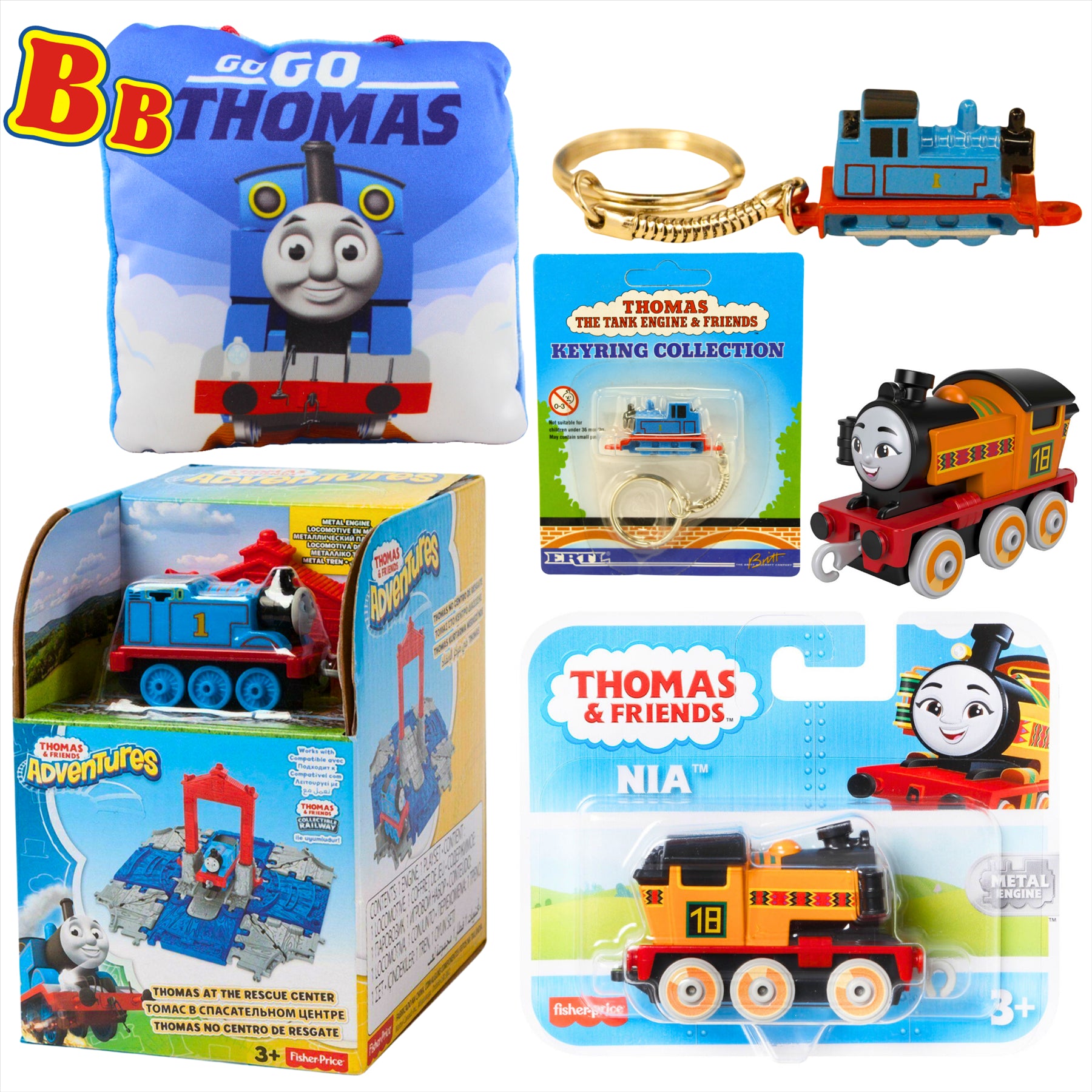 Thomas and Friends Rescue Center Playset, Diecast Thomas Keyring, Nia Diecast Metal Engine Figure, and Thomas 12cm Pillow - Toptoys2u