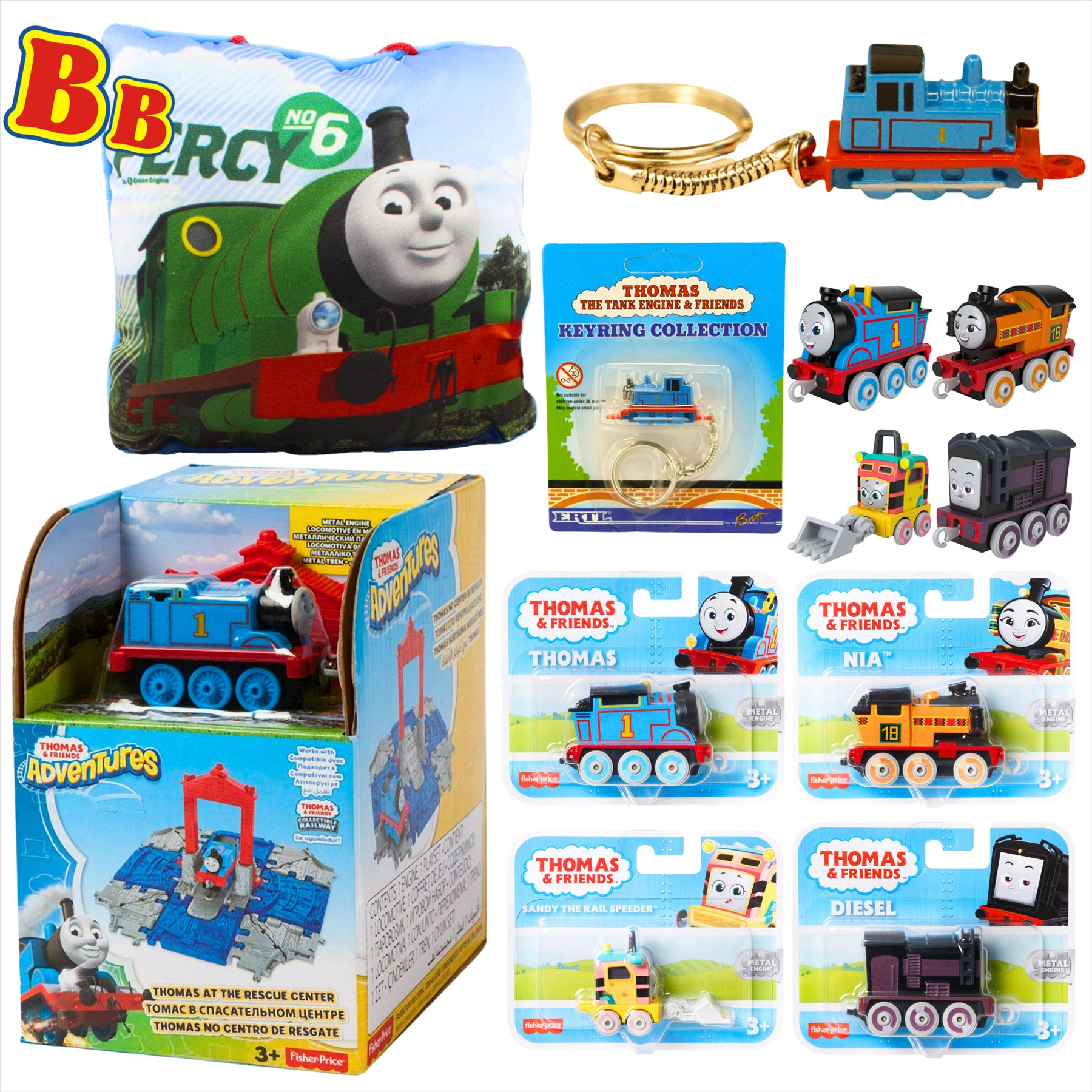 Thomas and Friends Rescue Center Playset, Diecast Thomas Keyring, 4x Diecast Metal Engine Figures, and Percy 12cm Pillow - Toptoys2u