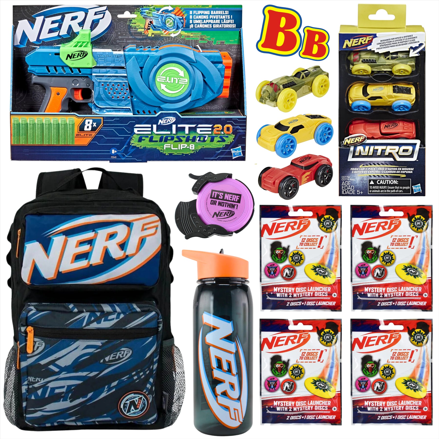 Nerf Elite 2.0 Flipshots Flip-8 Blaster, Deluxe Backpack, 650ml Water Bottle, Nitro Foam Toy Car 3-Pack, & 4 Mystery Disc Launcher Blind Bags - 8-Piece Bundle - Toptoys2u