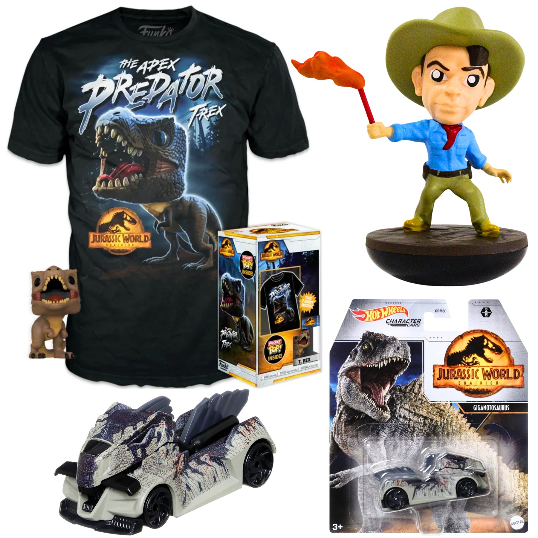 Jurassic World Funko T-Rex Large Children's T-Shirt with Pocket Pop!, Hot Wheels Gigantosaurus Diecast Model Vehicle, and Revos Alan Grant 10cm Collectible Vinyl Figure Figure - 3-Piece Bundle - Toptoys2u