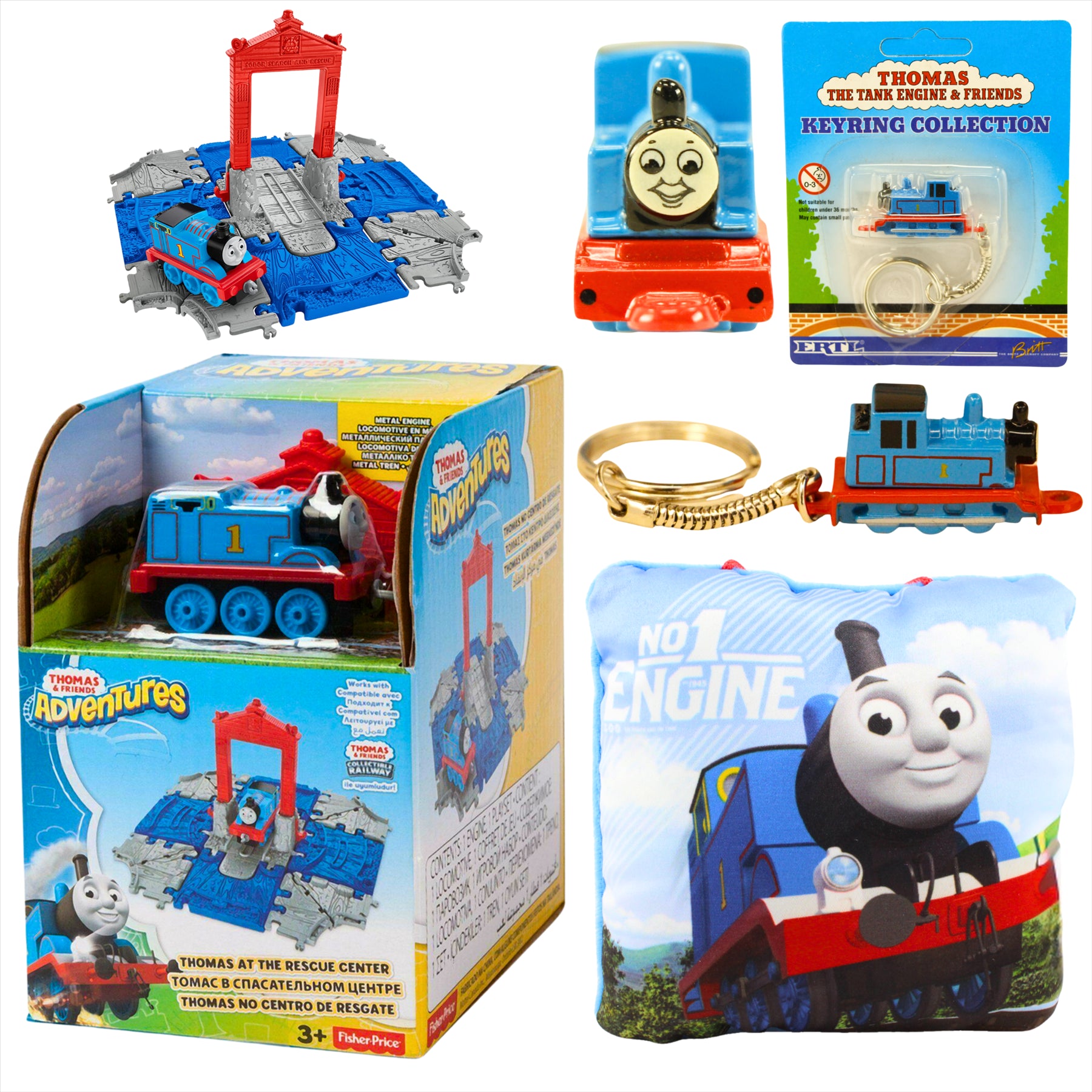 Thomas and Friends Rescue Center Toy Figure Playset, Diecast Thomas Keyring, and No1 Engine 12cm Pillow Bundle - Toptoys2u