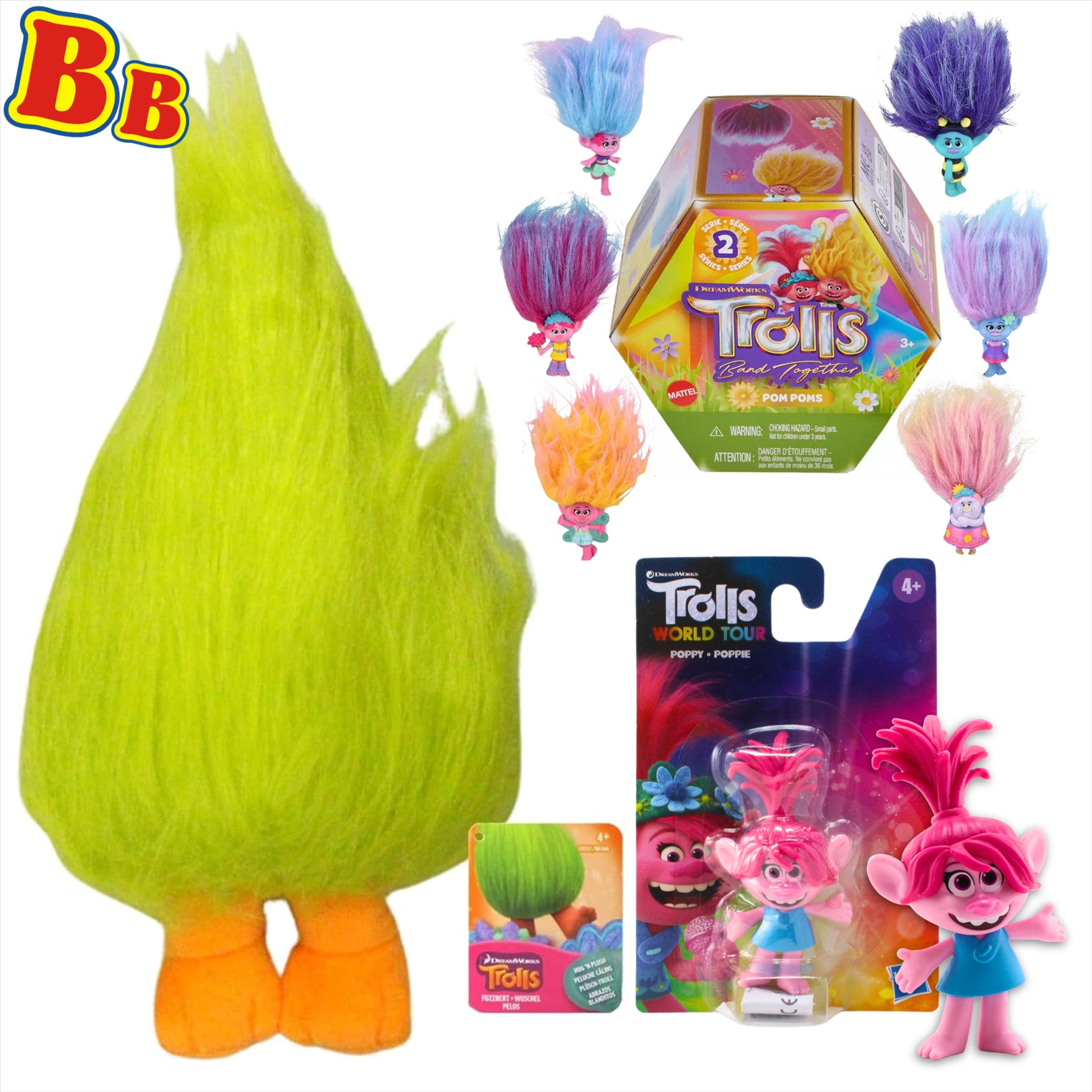 Trolls World Tour Super Soft Fuzzbert 28cm Plush Toy with Poppy 9cm Figure and Series 2 Keyclip Figure Blind Box - Toptoys2u