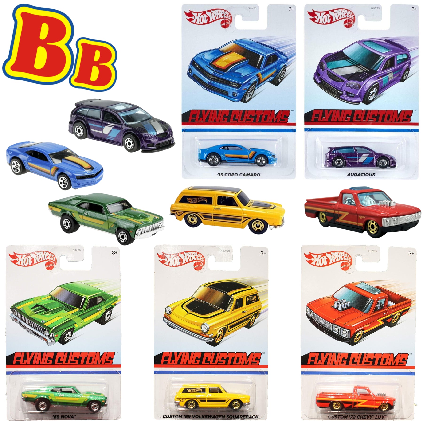 Hot Wheels Flying Customs 1:64 Scale Die Cast Toy Cars - '13 Copo Camaro, Audacious, 68 Nova, 69 VW Squareback, & '72 Chevy Luv - Pack of 5 - Toptoys2u