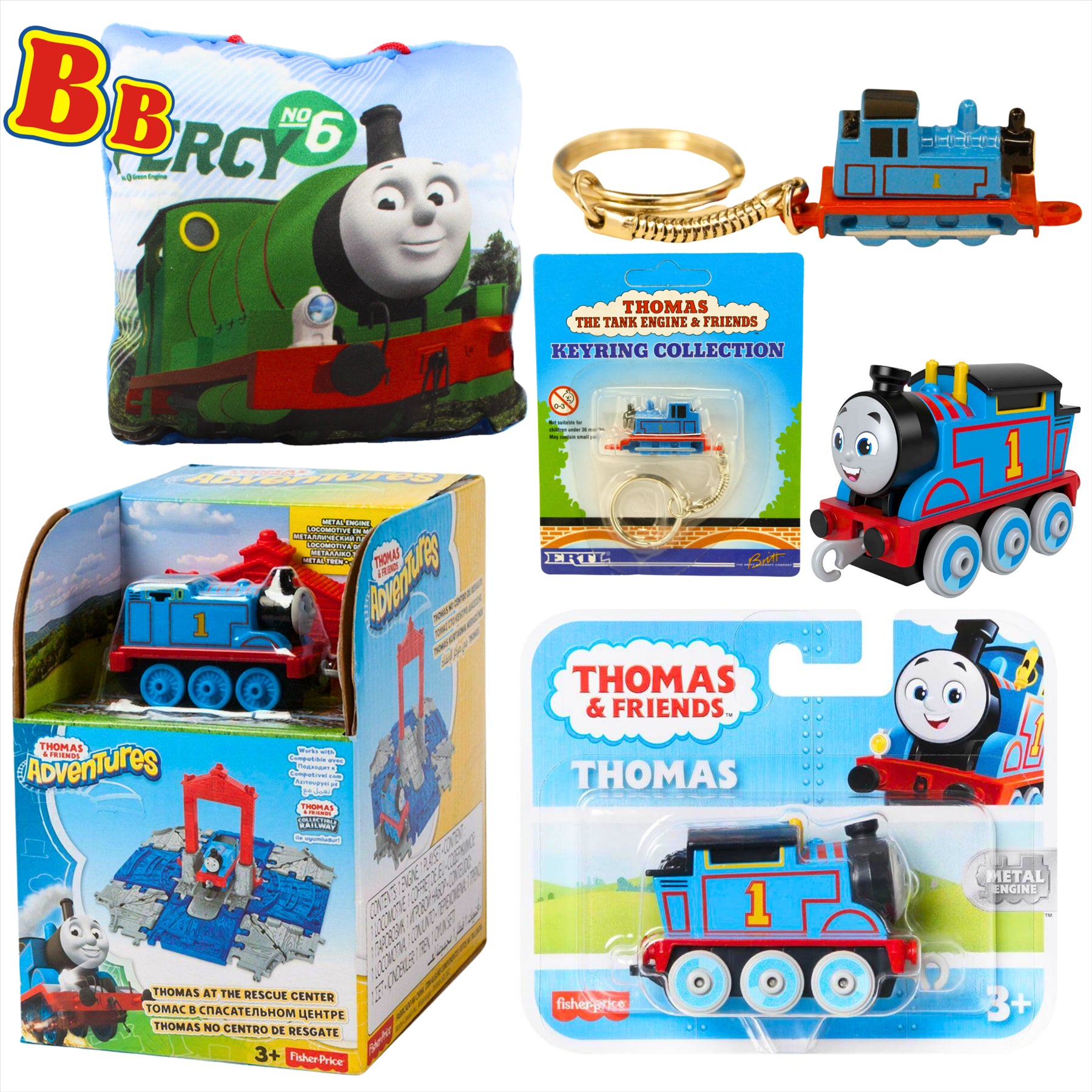 Thomas and Friends Rescue Center Playset, Diecast Thomas Keyring, Thomas Diecast Metal Engine Figure, and Percy 12cm Pillow - Toptoys2u