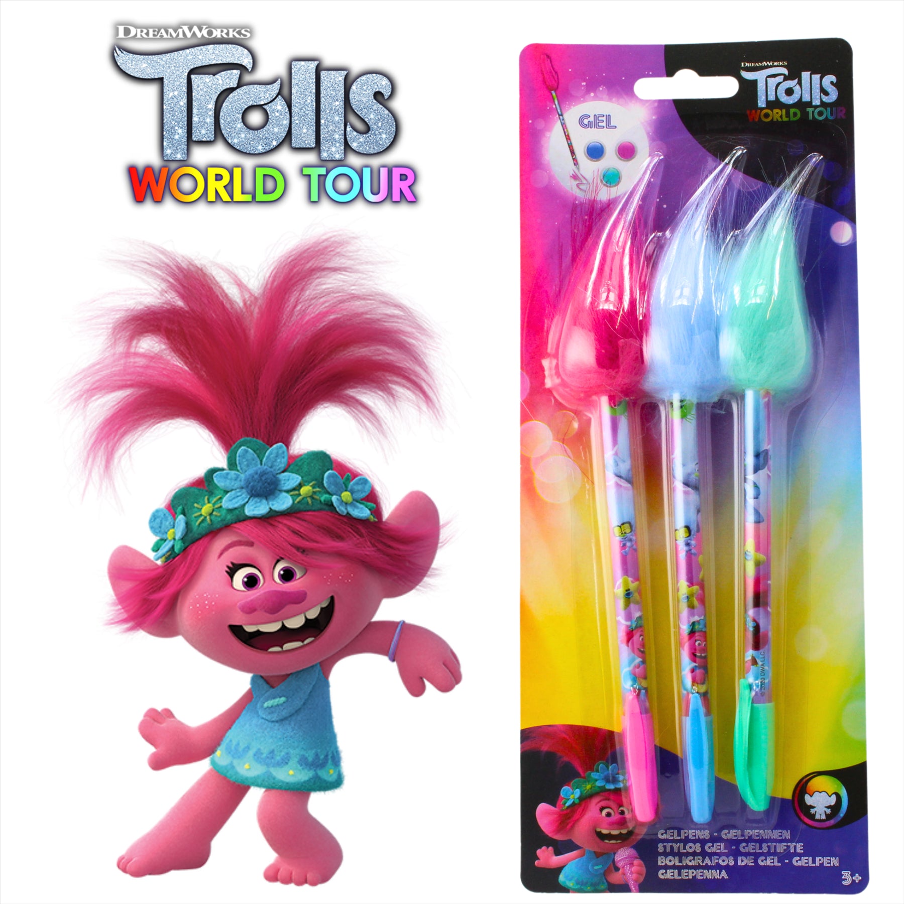 Trolls World Tour Poppy and Friends Multi Coloured Gel Pens - Pack of 3 - Toptoys2u