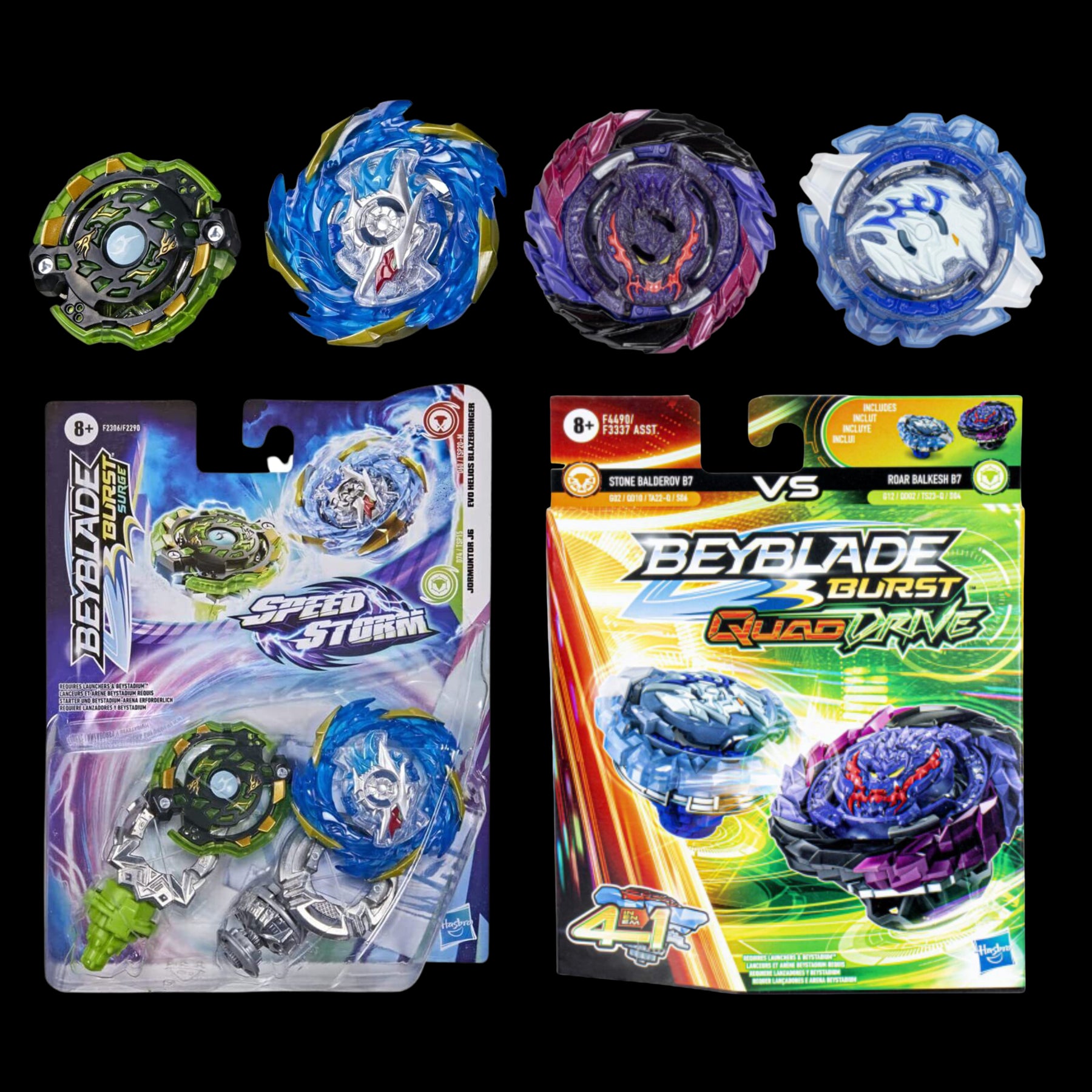 Beyblade Burst Speedstorm & Quad Drive - Evo Helios Blazebringer, Jormuntor J6, Stone Balderov B7, Roar Balkesh B7 - Twin Pack - Toptoys2u