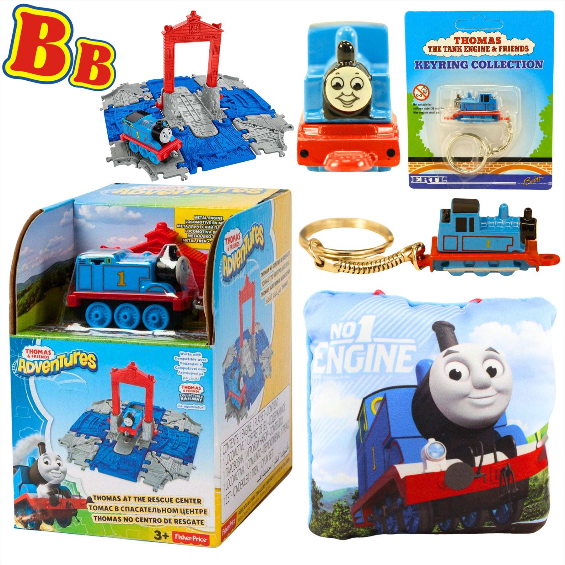 Thomas and Friends Rescue Center Toy Figure Playset, Diecast Thomas Keyring, and No1 Engine 12cm Pillow Bundle - Toptoys2u