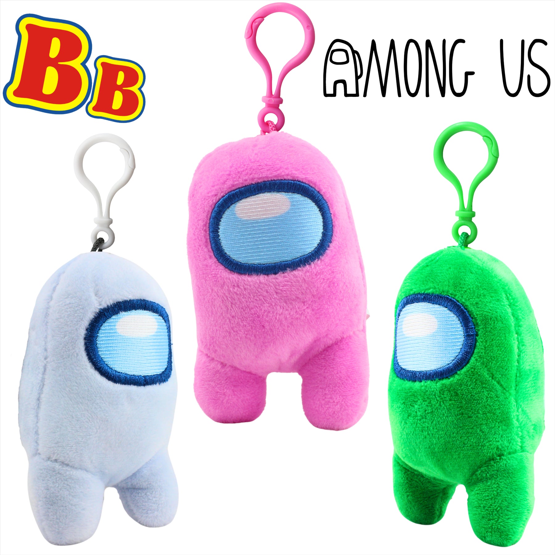 Among Us Super Soft White, Pink, and Green 10cm Plush Toy Crewmate Bag Clips - Pack of 3 - Toptoys2u