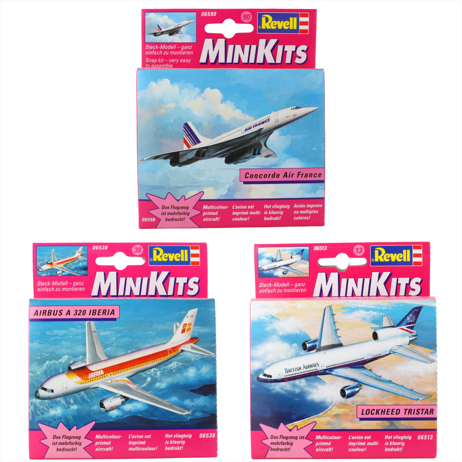 Revell MiniKits Model Plane Buildable Sets Pre Painted - Made in 2000 - Concorde Air France, Airbus A320 Iberia & Lockheed Tristar -Set 2 - Pack of 3 - Toptoys2u