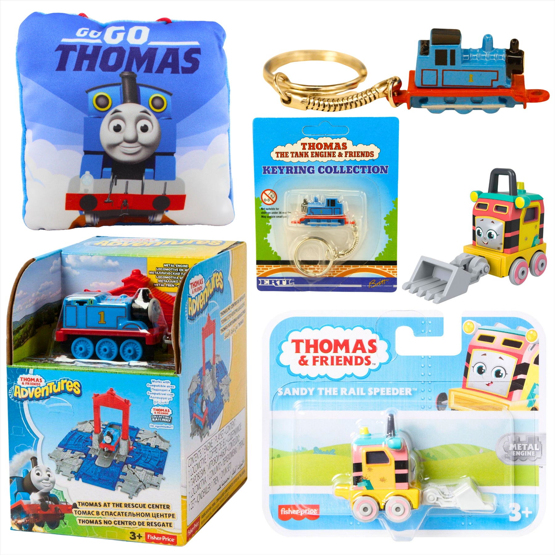 Thomas and Friends Rescue Center Playset, Diecast Thomas Keyring, Sandy Diecast Metal Engine Figure, and Thomas 12cm Pillow - Toptoys2u