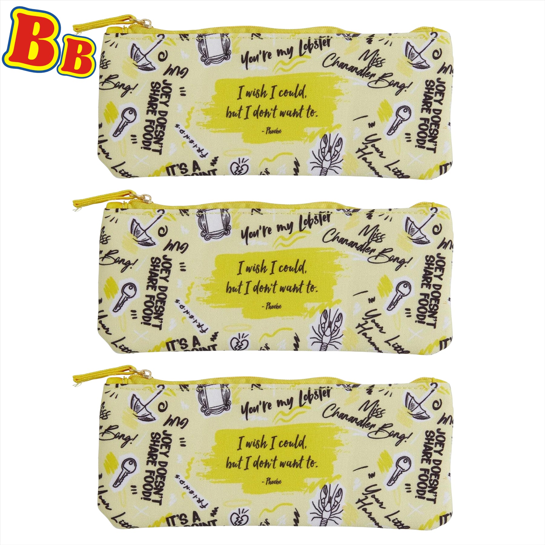 Friends TV Show 20cm Phoebe Quote Yellow Pencil Cases - Pack of 3 - Toptoys2u