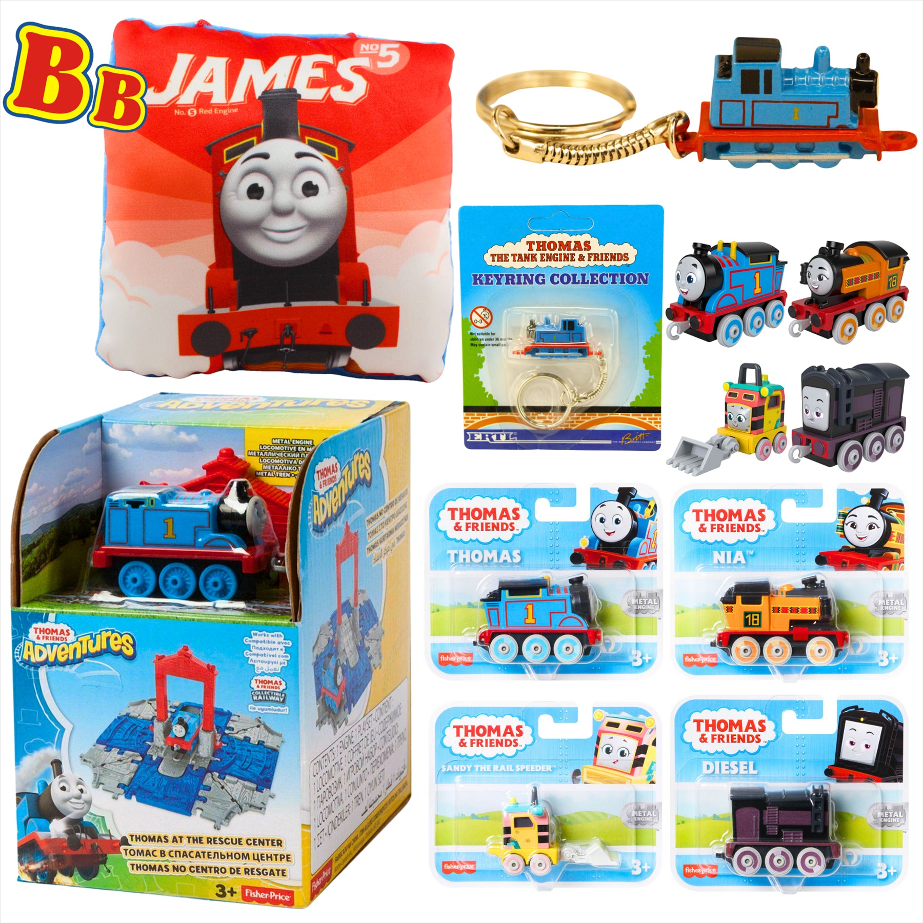 Thomas and Friends Rescue Center Playset, Diecast Thomas Keyring, 4x Diecast Metal Engine Figures, and James 12cm Pillow - Toptoys2u