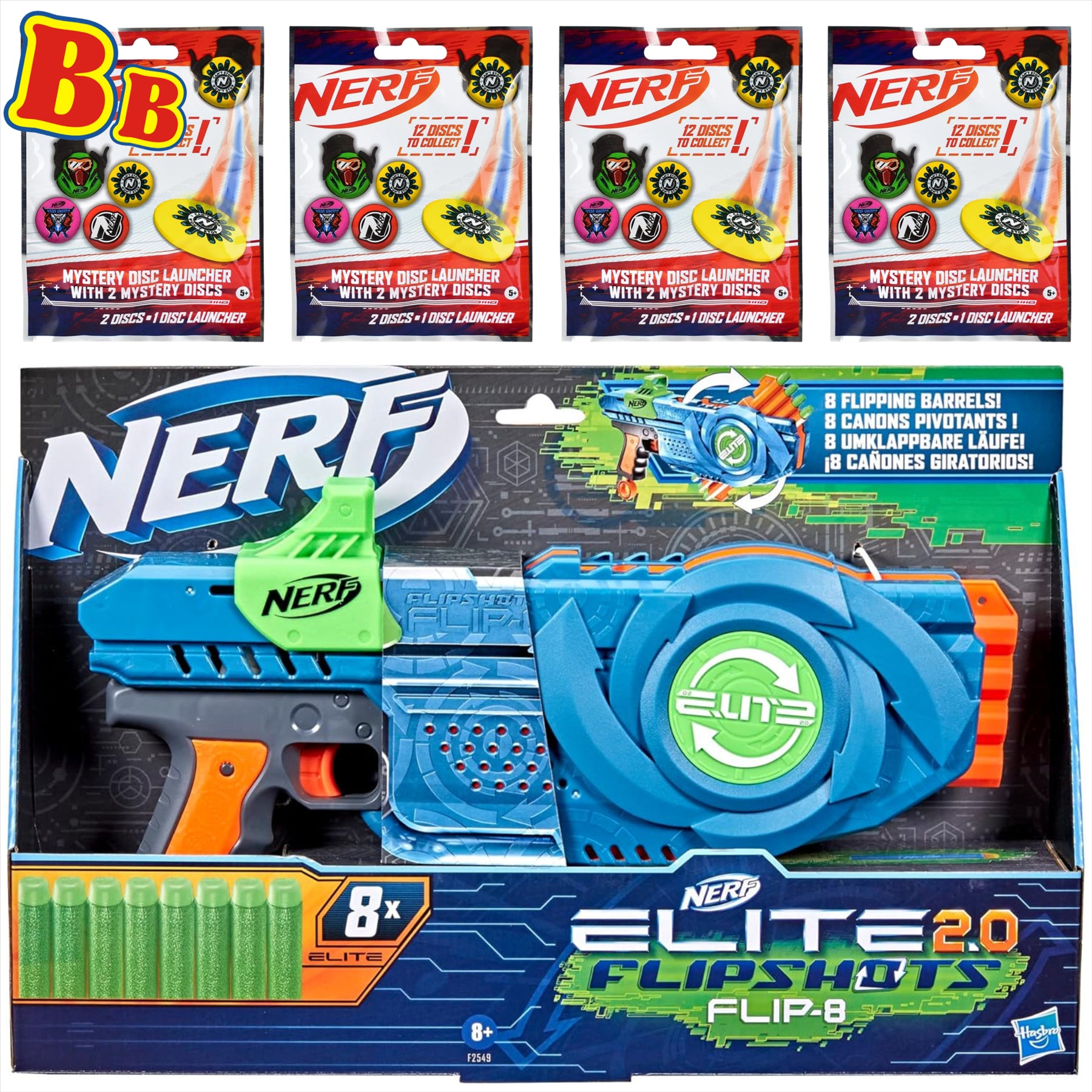 Nerf Elite 2.0 Flipshots Flip-8 Blaster & 4 Mystery Disc Launcher Blind Bags - 5-Piece Bundle - Toptoys2u