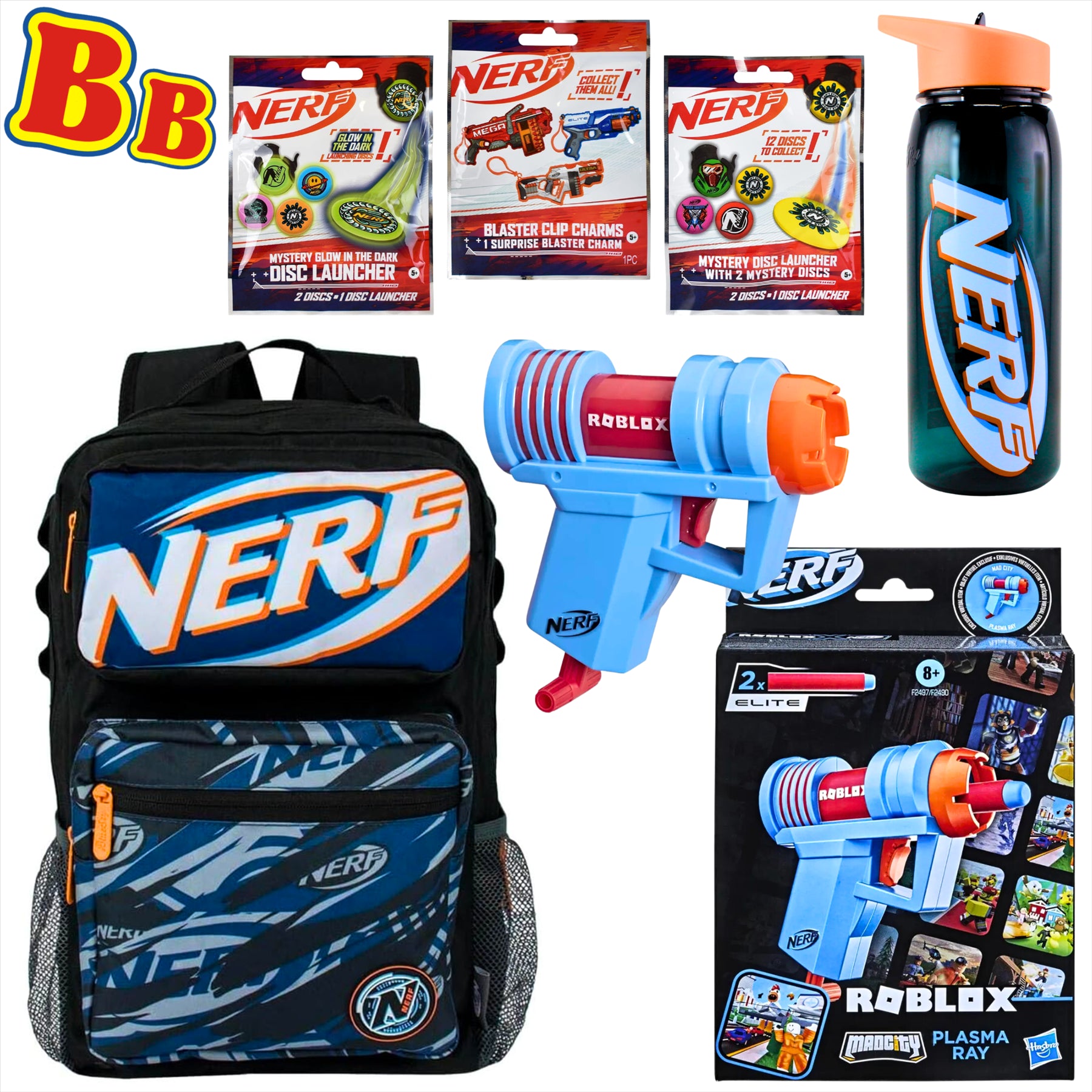 Nerf 6 Piece Tactical Supply Bundle - Backpack, Water Bottle, 3x Blind Bags, and Roblox Plasma Ray Blaster - Toptoys2u