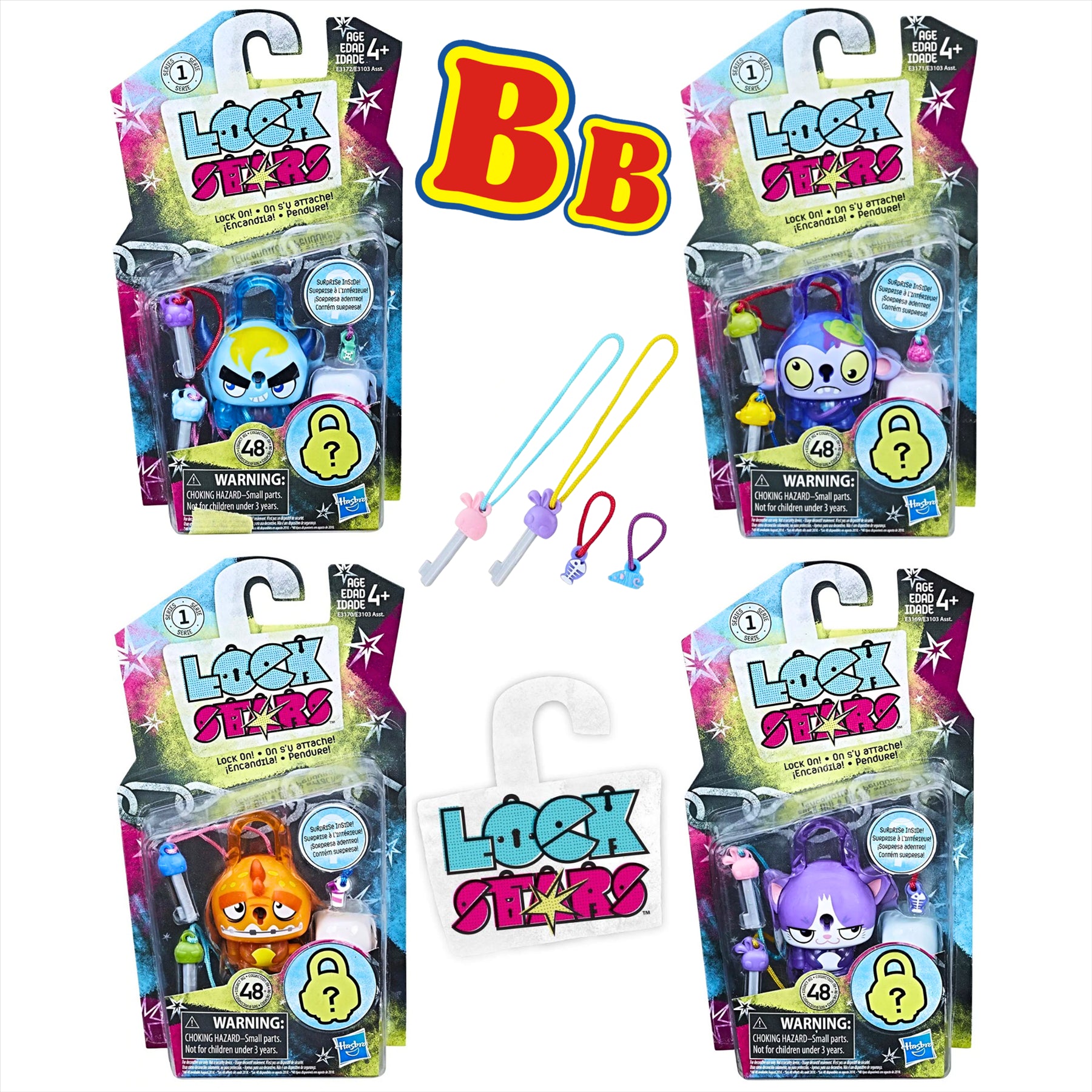 Lock Stars Series 1 Blue Horned Monster, Gross Brain, Orange Dinosaur, and Purple Cat Collectible Miniature 7cm Toy Figure Lock-On Clips with Accessories - Pack of 4 - Toptoys2u