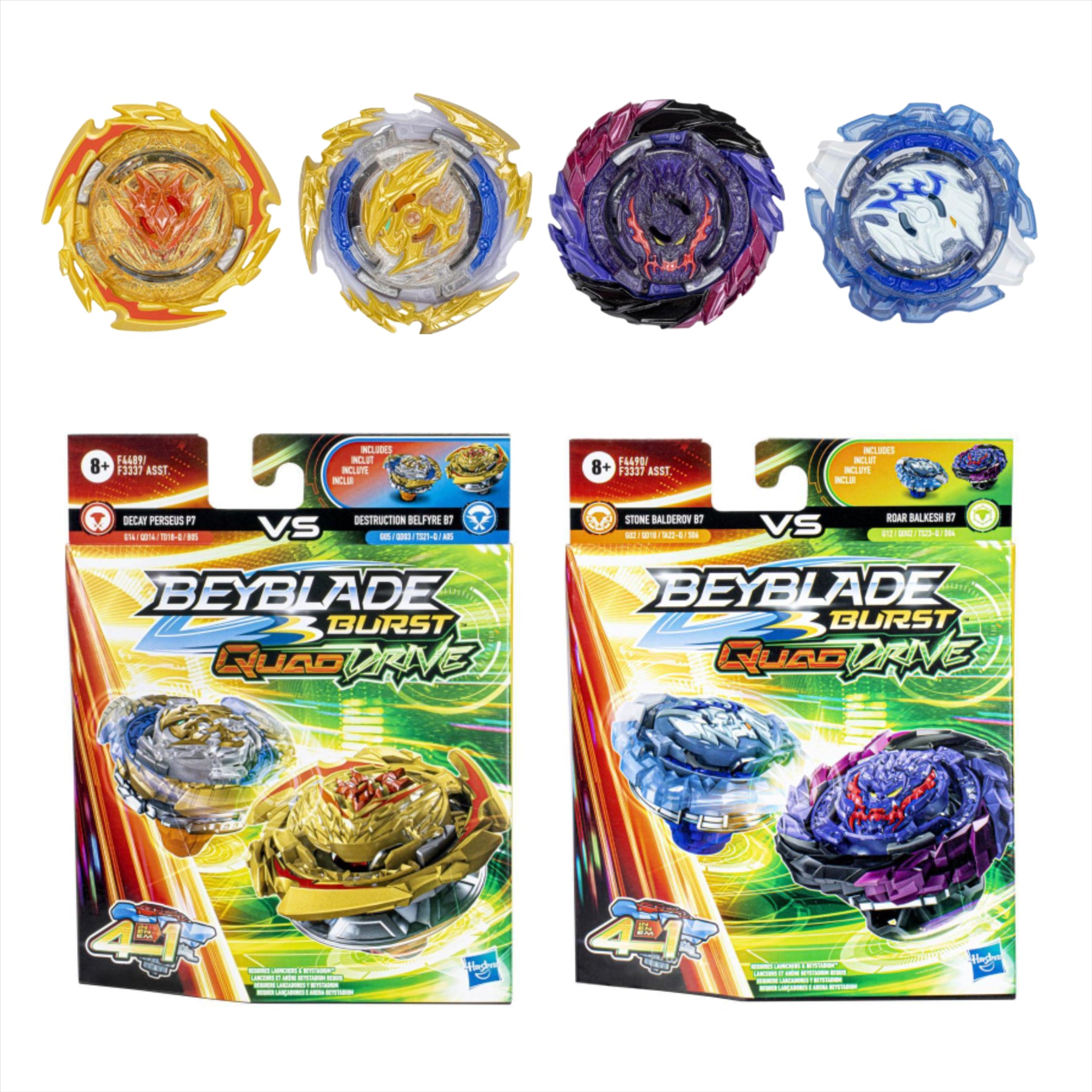 Beyblade Burst Quad Drive - Stone Balderov B7, Roar Balkesh B7, Decay Perseus P7, Destruction Belfyre B7 - Twin Pack - Toptoys2u