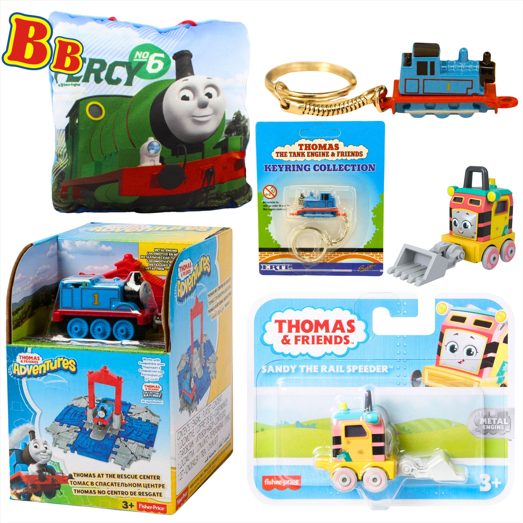 Thomas and Friends Rescue Center Playset, Diecast Thomas Keyring, Sandy Diecast Metal Engine Figure, and Percy 12cm Pillow - Toptoys2u