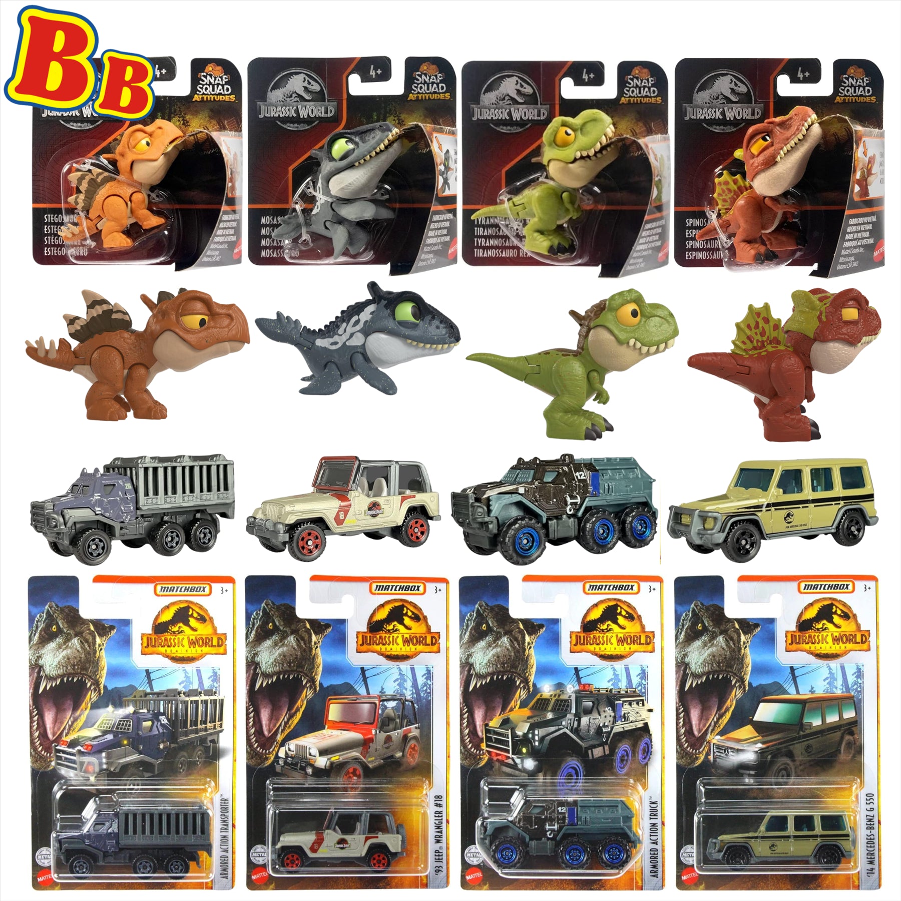 Jurassic World Snap Squad Attitudes Play Figures & Matchbox Diecast Vehicles - 8-Piece Mega Bundle - Toptoys2u