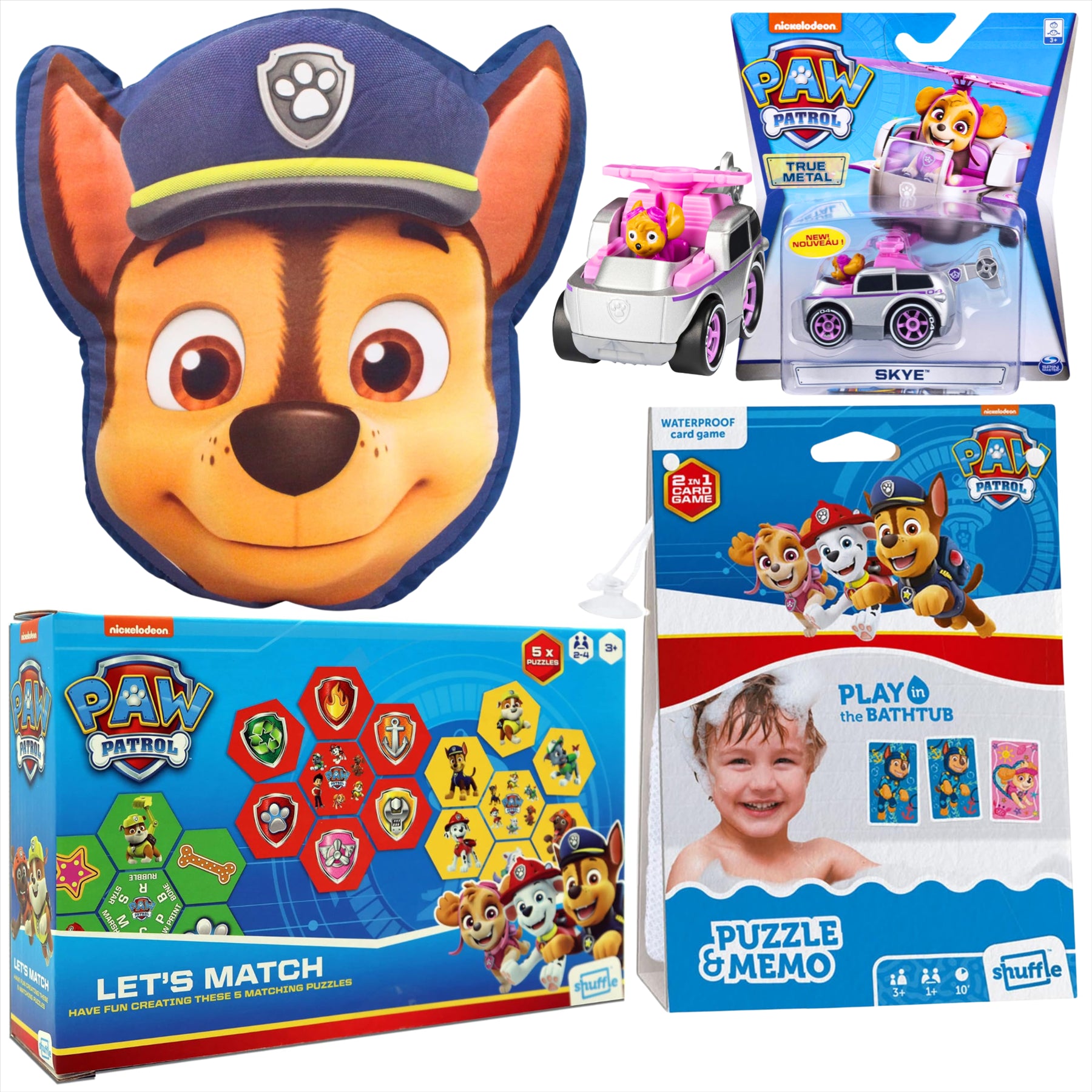 Paw Patrol Let's Match Puzzle Pack, Waterproof 2-in-1 Memo Shuffle Card Game, Large Chase Head Cushion, and Diecast Skye Model Vehicle - 4-Piece Bundle - Toptoys2u