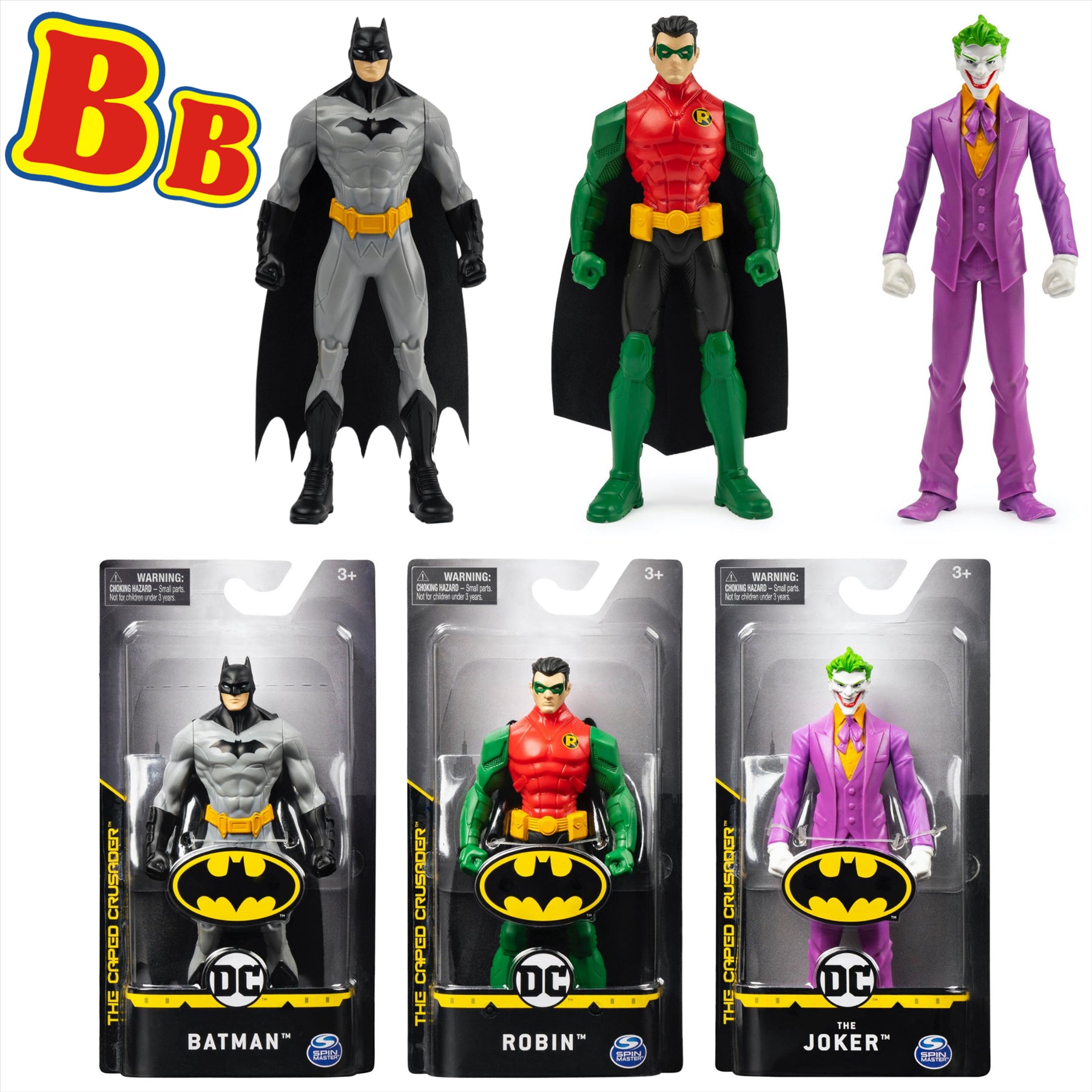 DC Comics Batman The Caped Crusader Batman, Robin, and Joker 15cm Collectible Toy Articulated Action Figures - Pack of 3 - Toptoys2u