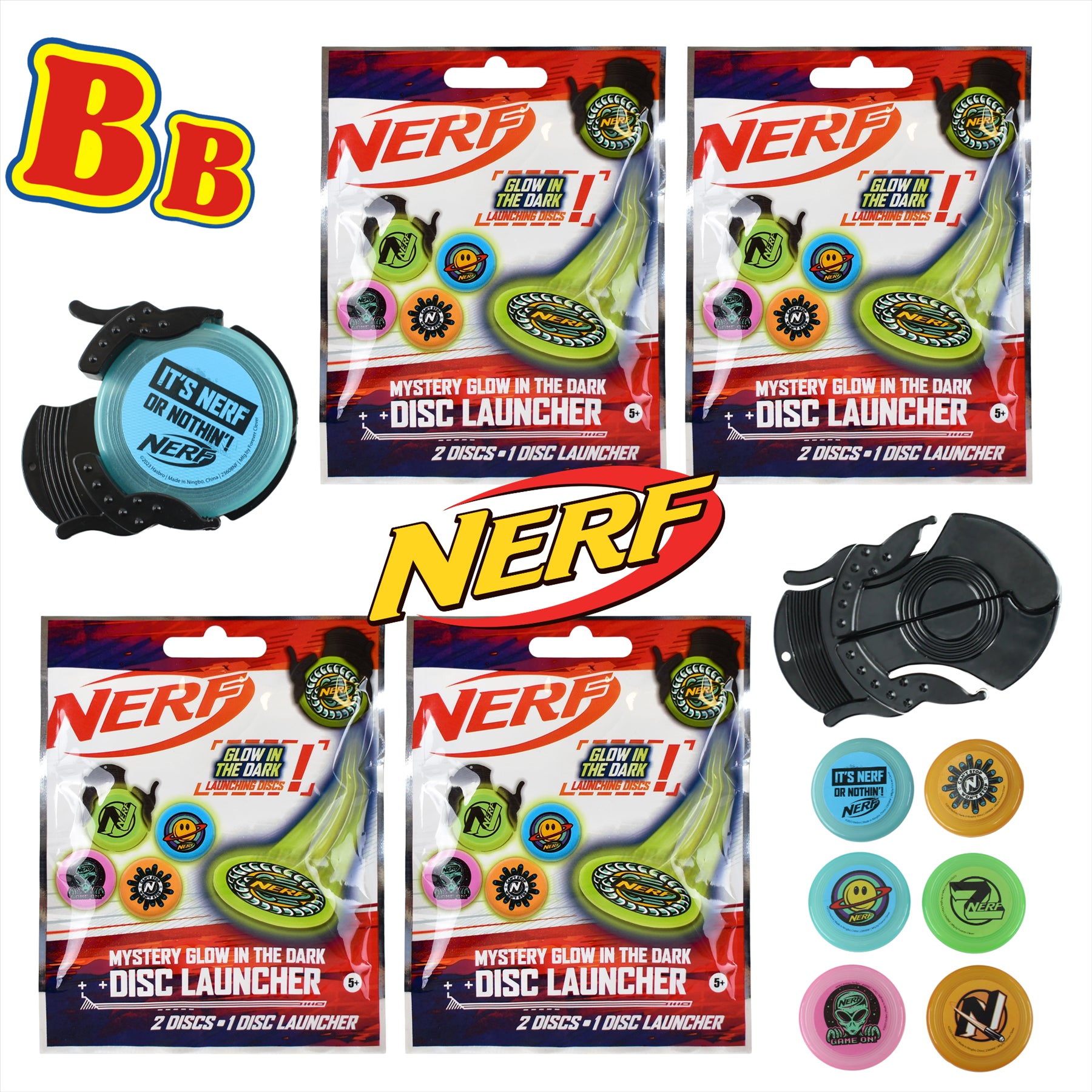 Nerf - Blind Bag Party Favour Sets - (Glow In The Dark Launchers - Pack of 4, 4, Pieces) - Toptoys2u