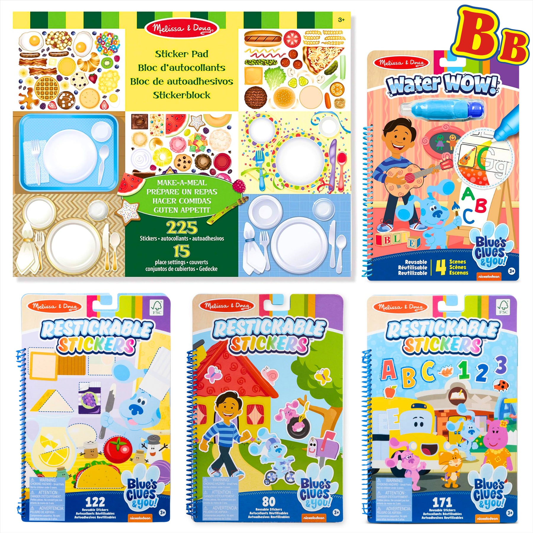 Melissa and Doug Children's Blues Clues Sticker and Activity Book Bundle - Make-A-Meal Sticker Pad, 3x Blue's Clues Restickable Sticker Books, and Blue's Clues Water Wow! Activity Book - Toptoys2u