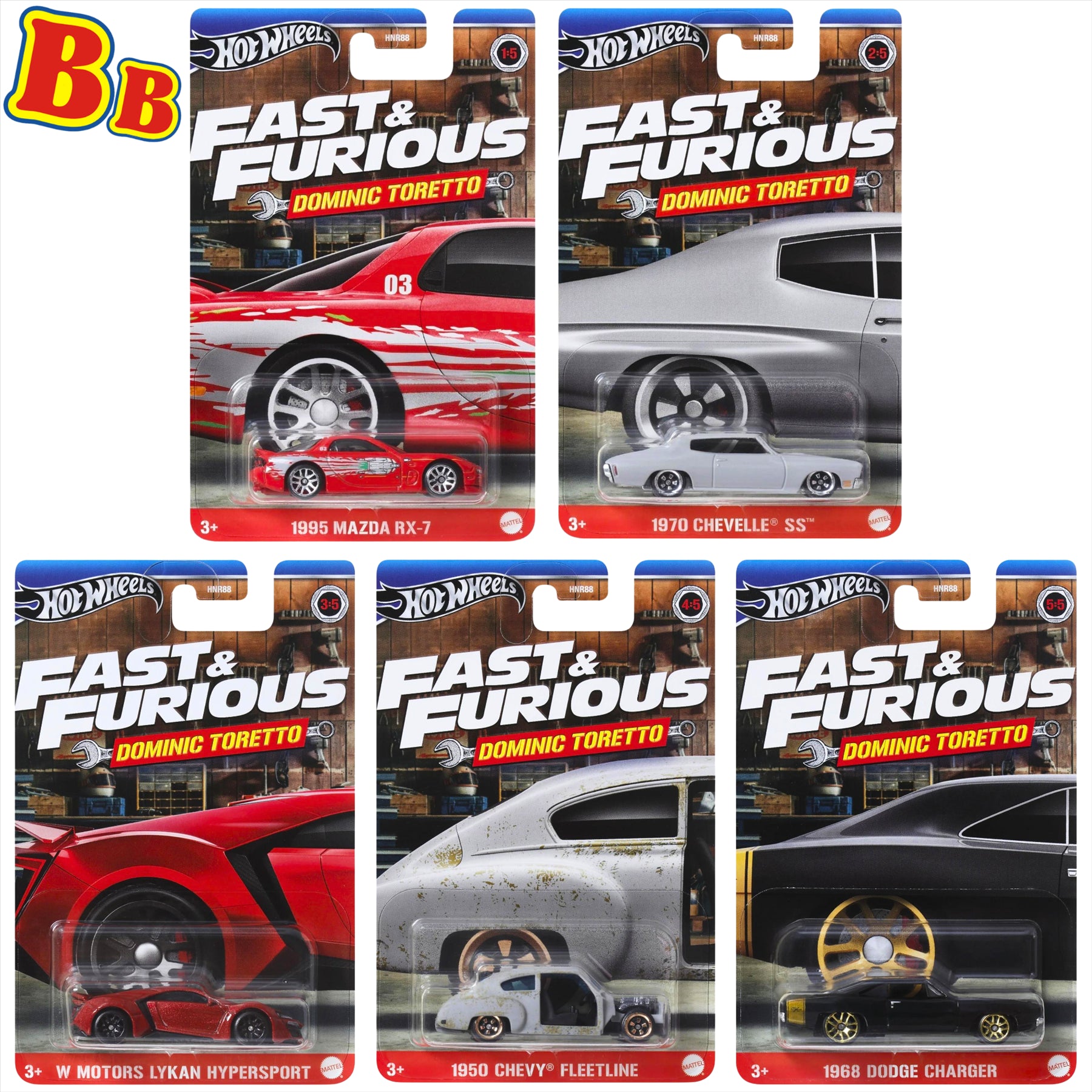 Hot Wheels Fast and Furious Dominic Toretto Collectible 1:64 Scale Diecast Model Cars - Mazda RX-7, Chevelle SS, Lykan Hypersport, Chevy Fleetline, and Dodge Charger - Pack of 5 - Toptoys2u