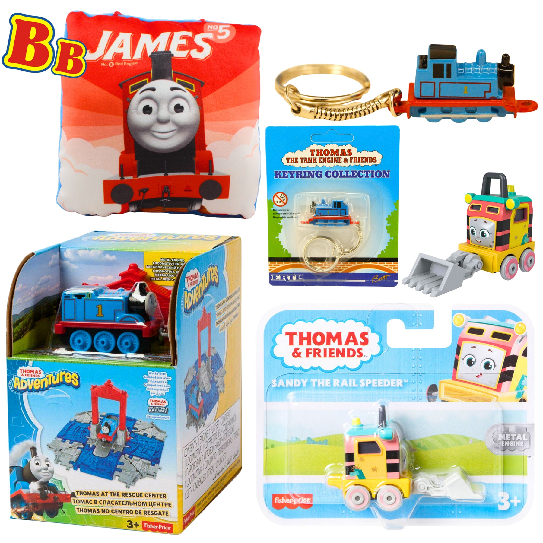 Thomas and Friends Rescue Center Playset, Diecast Thomas Keyring, Sandy Diecast Metal Engine Figure, and James 12cm Pillow - Toptoys2u