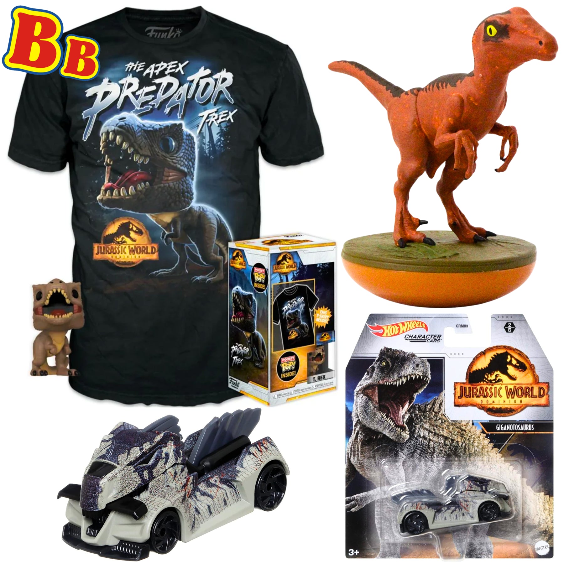 Jurassic World Funko T-Rex Large Children's T-Shirt with Pocket Pop!, Hot Wheels Gigantosaurus Diecast Model Vehicle, and Revos Raptor 10cm Collectible Vinyl Figure Figure - 3-Piece Bundle - Toptoys2u