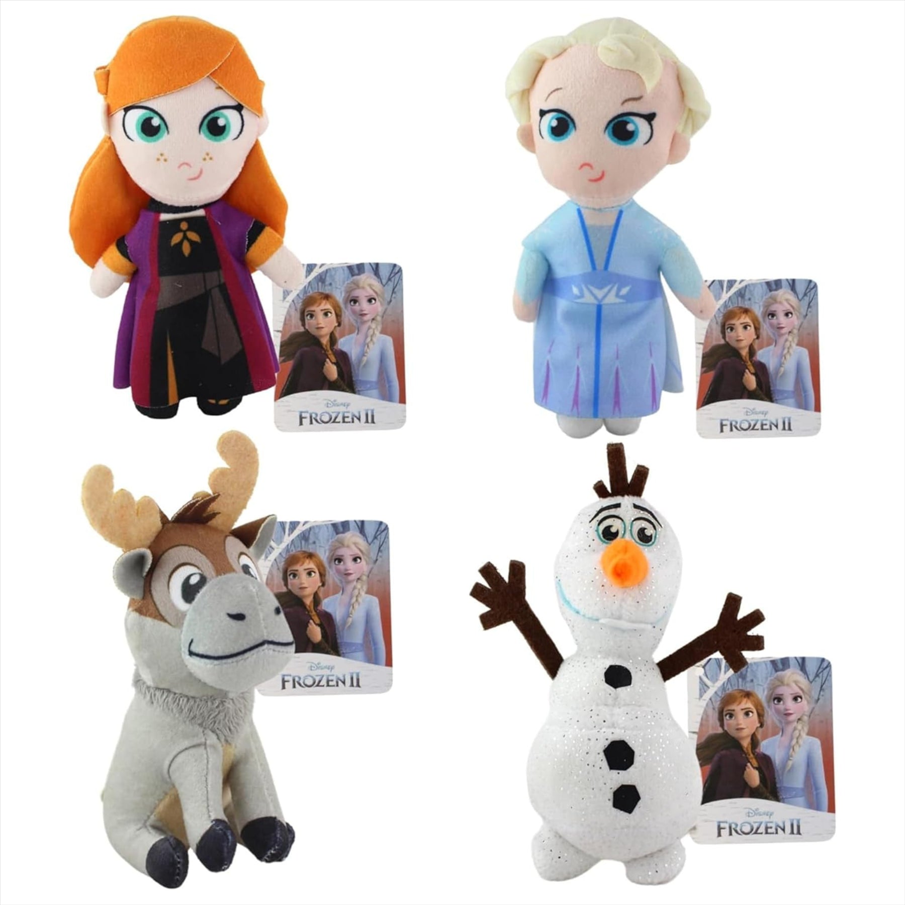 Frozen 2 Elsa, Anna, Olaf, and Sven Pack of 4 Super Soft 12cm Plush Toys + 4x Mystery Collectible Pop Adventures Figures - Toptoys2u