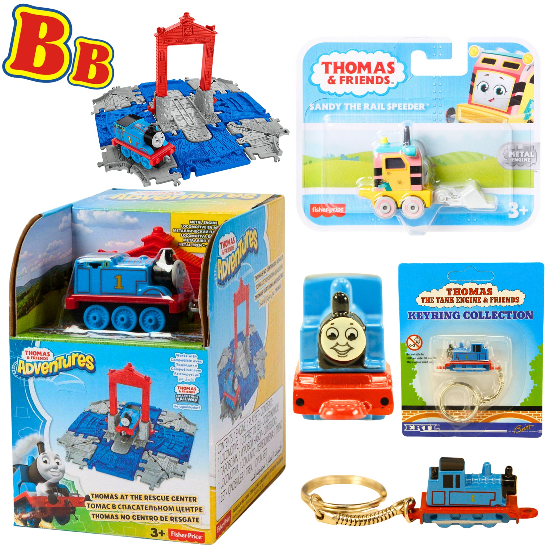 Thomas and Friends Rescue Center Playset, Diecast Thomas Keyring, and Sandy Diecast Metal Engine Figure - Toptoys2u