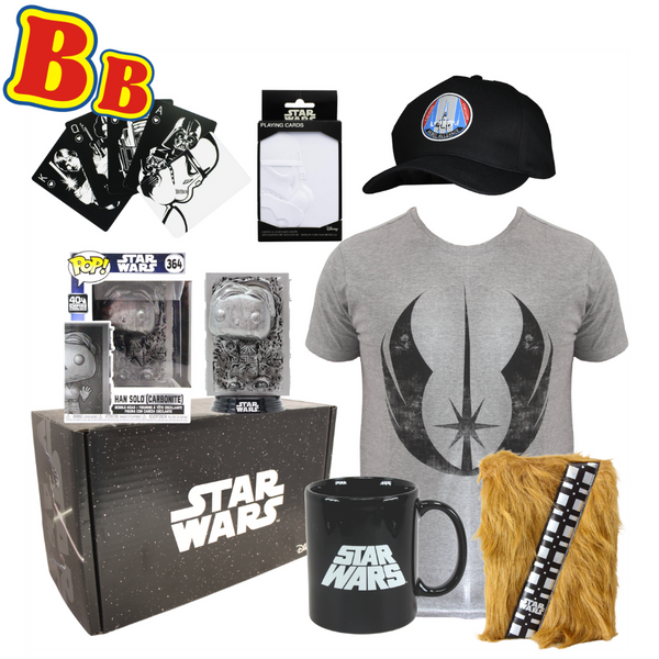 Wootbox Star Wars 6 Piece Bundle - Funko POP! 40th Anniversary Han Solo in Carbonite, Character Playing Cards, Star Wars 350ml Mug, Chewbacca A5 Notebook, Rebel Alliance Hat & 2XL T-Shirt - Toptoys2u