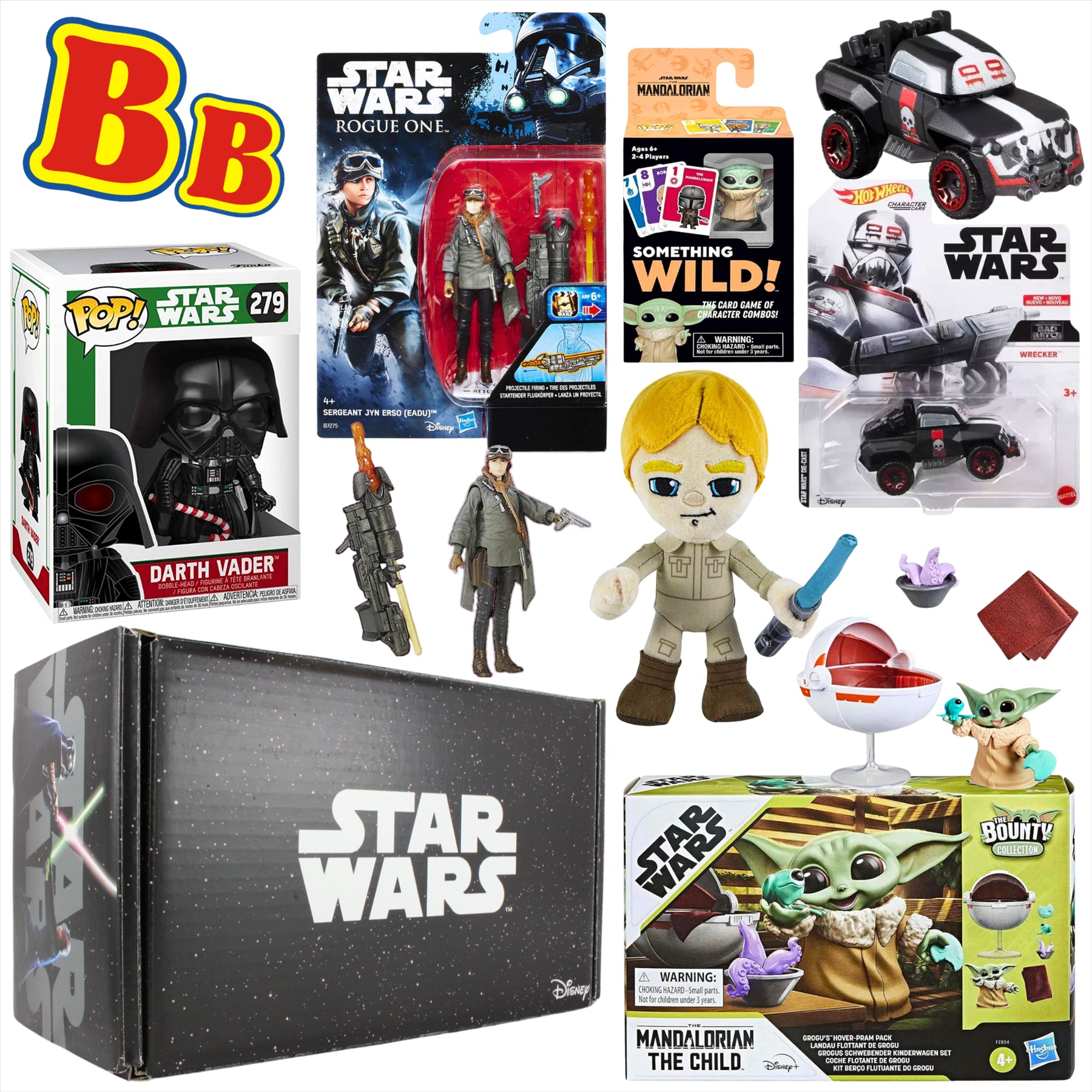 Star Wars 6-Piece Superfan Gift Bundle - Includes Collectible Figures, Plush Toy, Card Game, and Diecast Model Vehicle - Toptoys2u