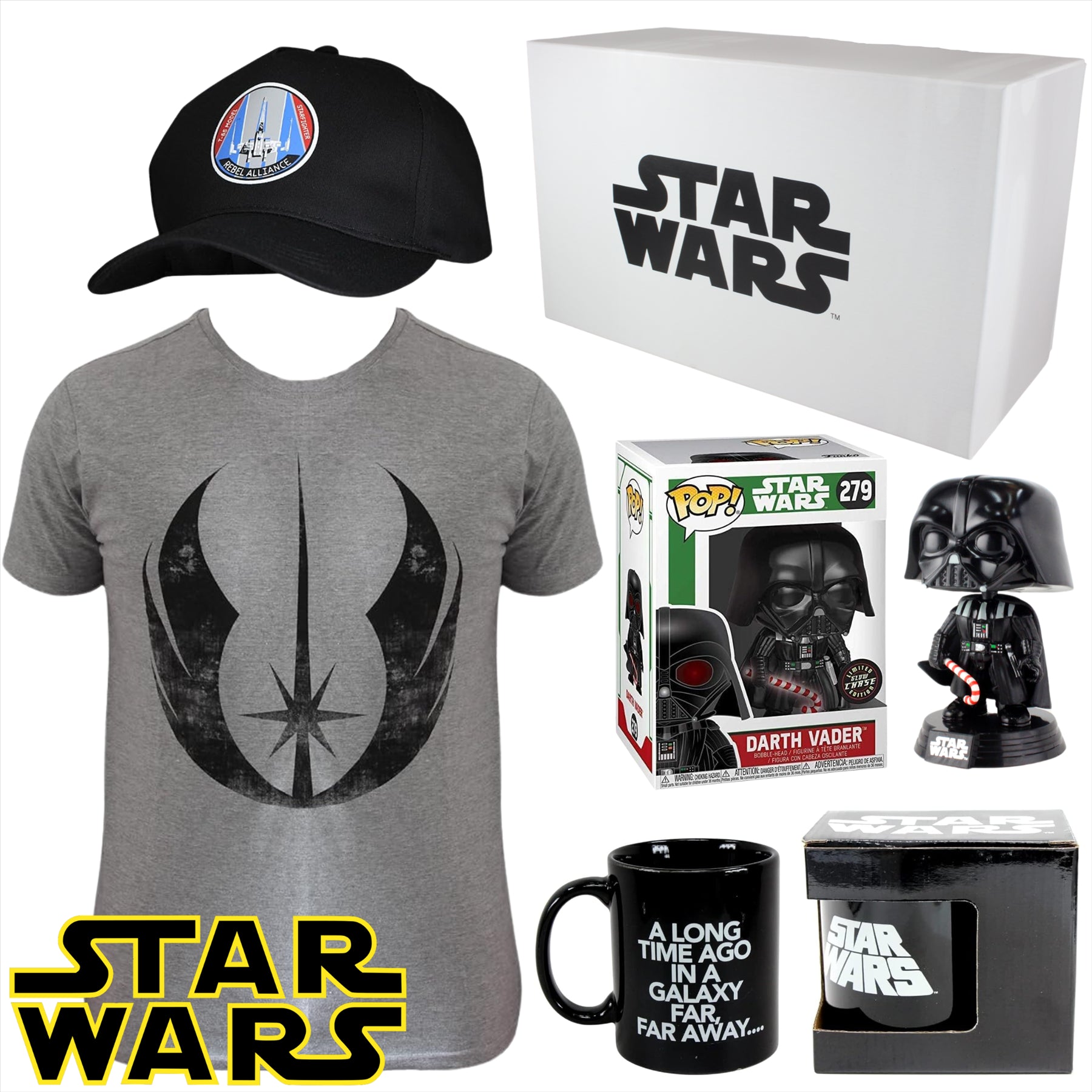 Star Wars - Collectors 4 Piece Set in Gift Box - Far Far Away 350ml Ceramic Mug, Rebel Alliance Baseball Cap, Darth Vader Chase POP & Rebel Alliance T-Shirt Large - Toptoys2u