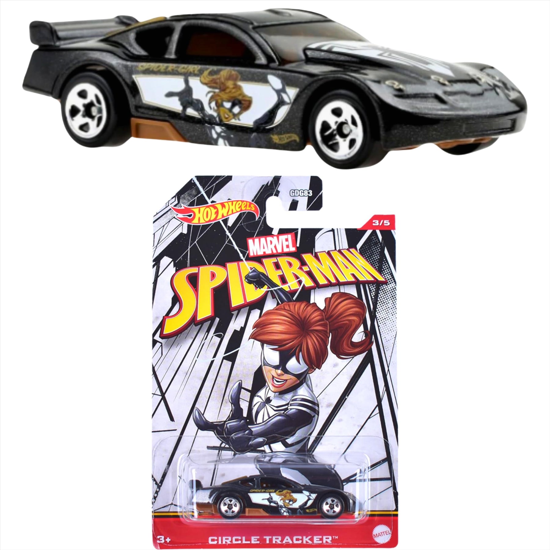 Hot Wheels Character Cars Marvel Spiderman 1:64 Scale Diecast Model Vehicles - Spider Girl Circle Tracker, Green Goblin Camaro Z28, & Ghost Spider 67 Chevy - Pack of 3 - Toptoys2u