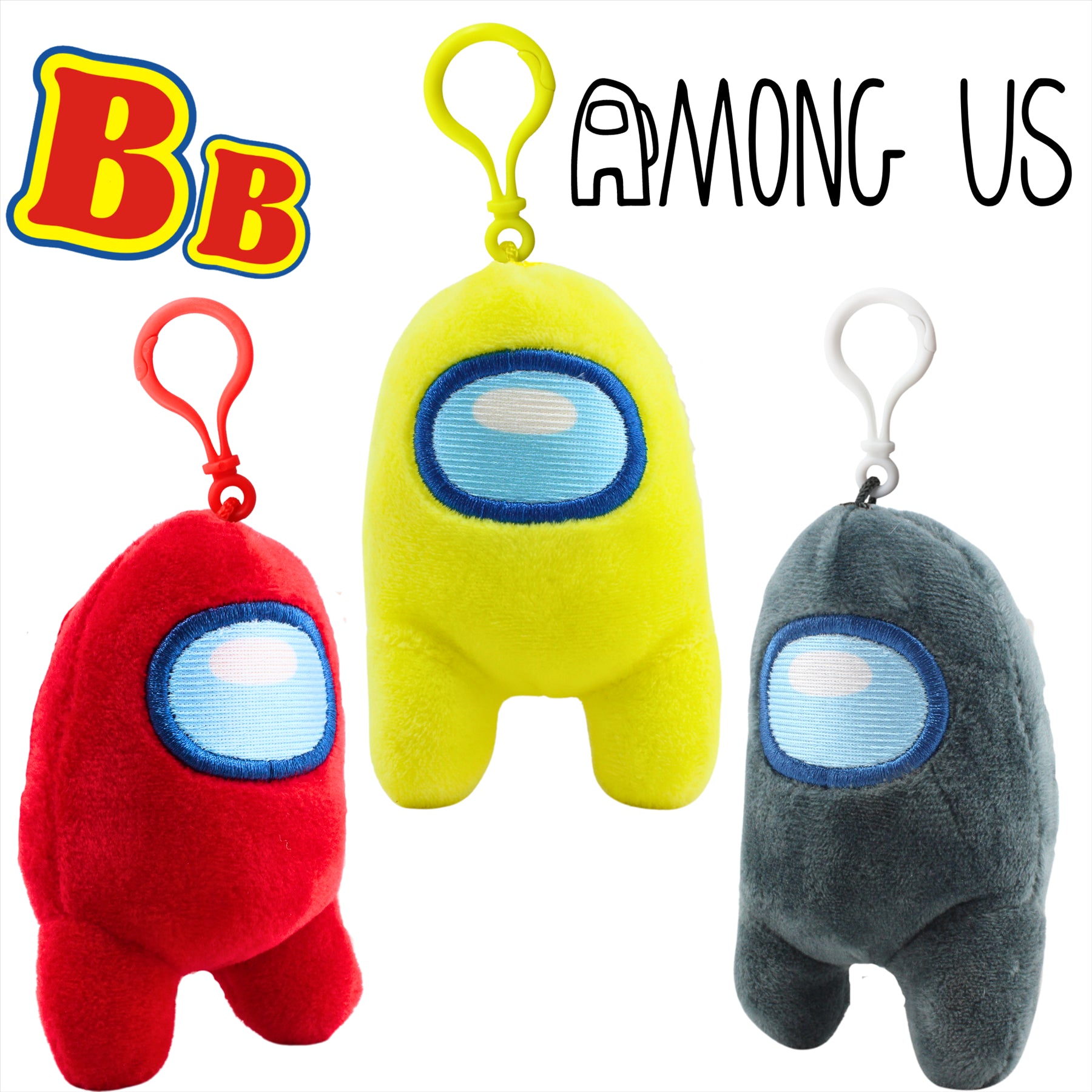 Among Us Super Soft Red, Yellow, and Grey 10cm Plush Toy Crewmate Bag Clips - Pack of 3 - Toptoys2u