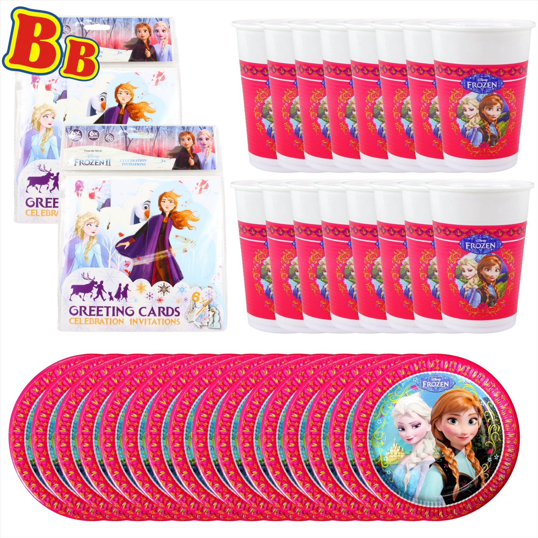 Disney Frozen Partyware Illustrated Cards and Tableware Set - Pack of 12 Invites, 16 Cups, and 16 Plates - Toptoys2u